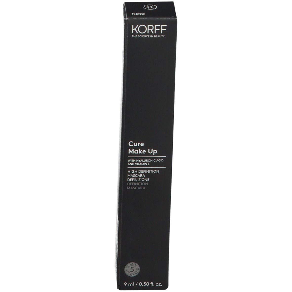 Mascara KORFF Cure Make Up. Emballage noir. Informations sur le produit.