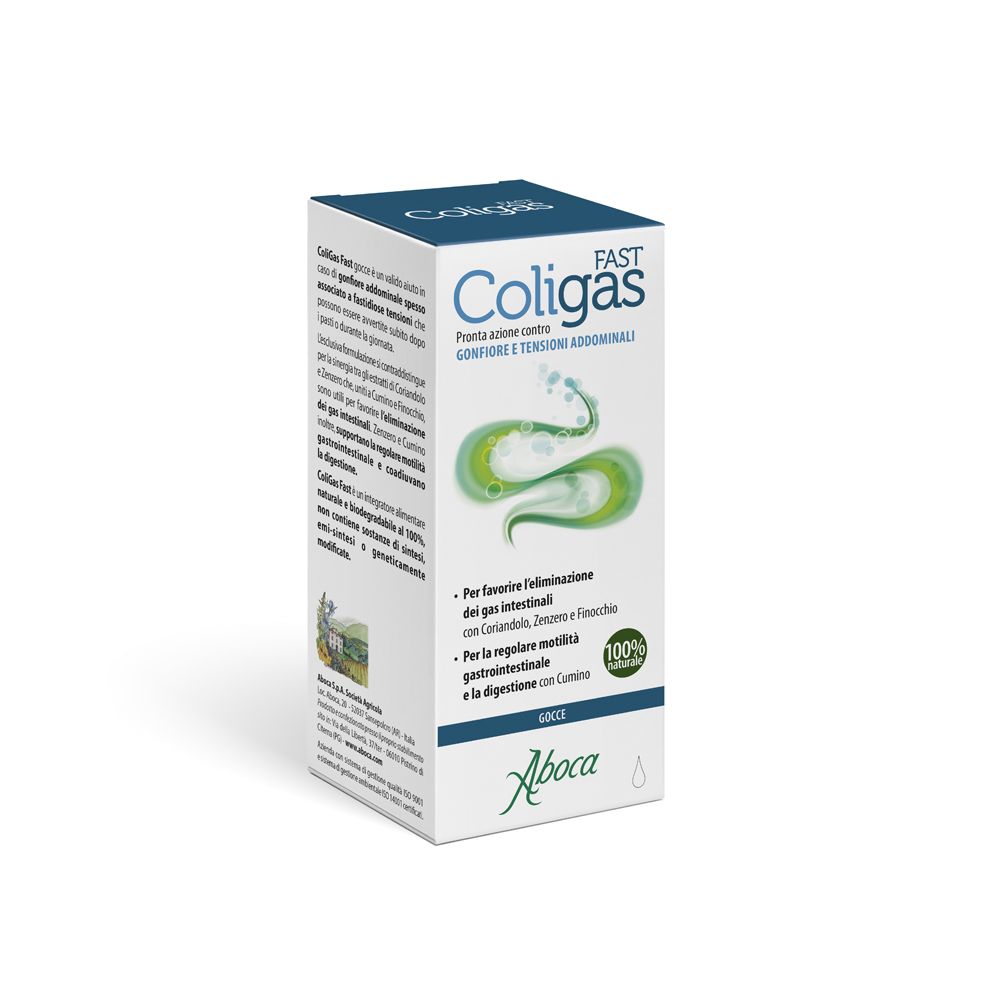 Scatola ColiGas FAST, Aboca. Contiene gocce. Forma di onda verde e bianca.
