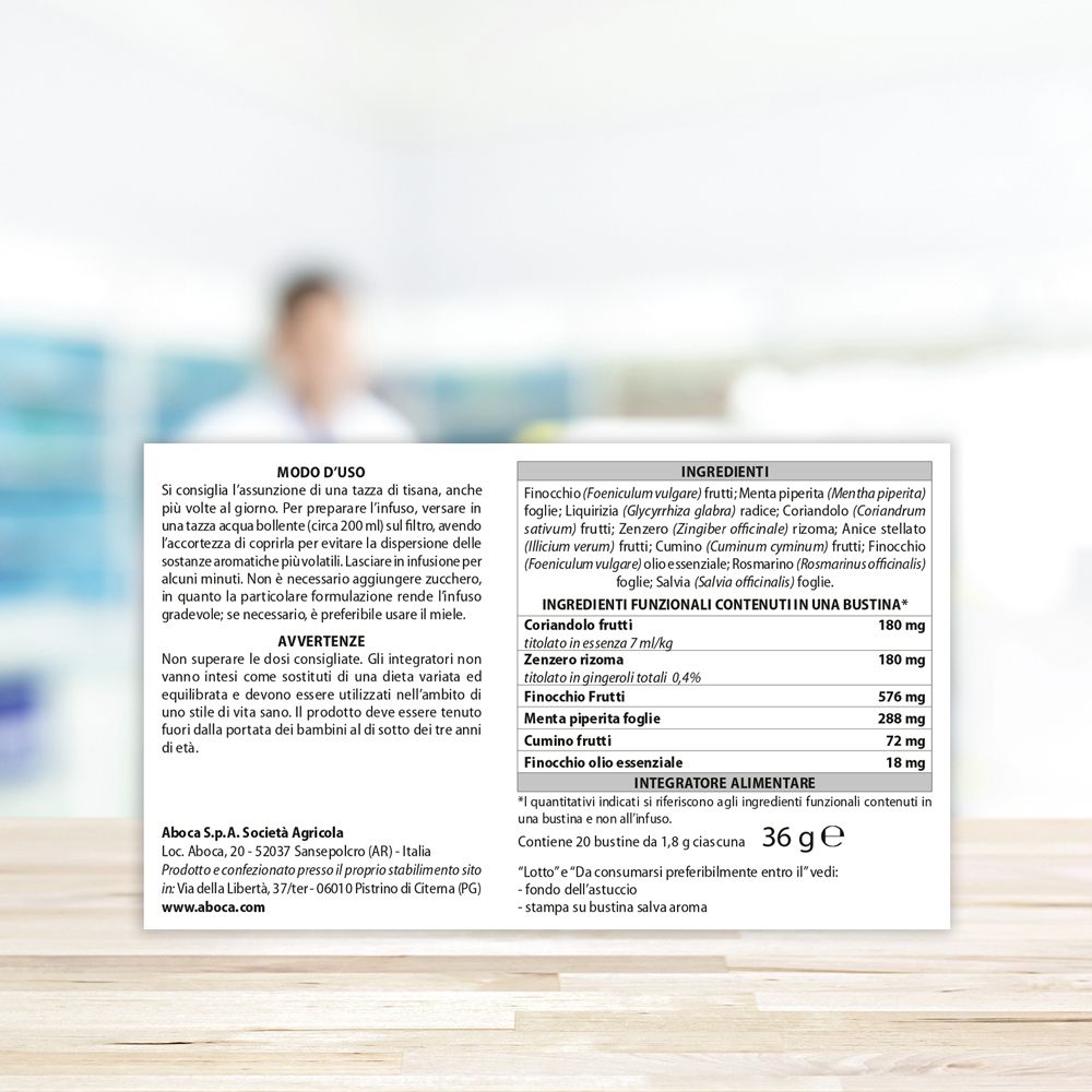 Rückseite der Aboca Coligas Fast Tisana-Packung. Enthält Informationen zu Inhaltsstoffen, Anwendung und Warnhinweisen. Hintergrund: verschwommen.