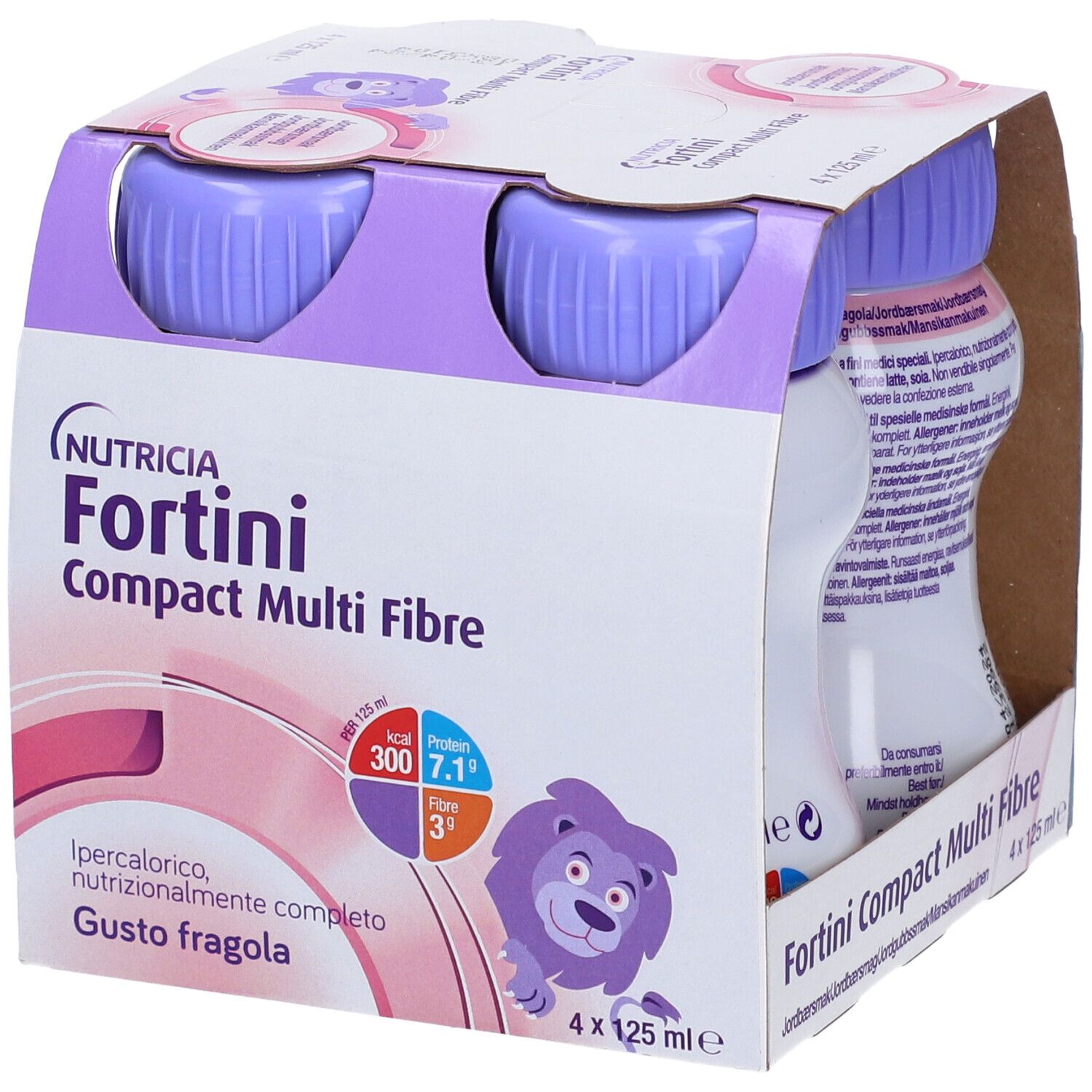 Confezione da quattro bottiglie Fortini Compact Multi Fibre. Bottiglie con tappi viola, confezione rosa. Testo: Gusto fragola.
