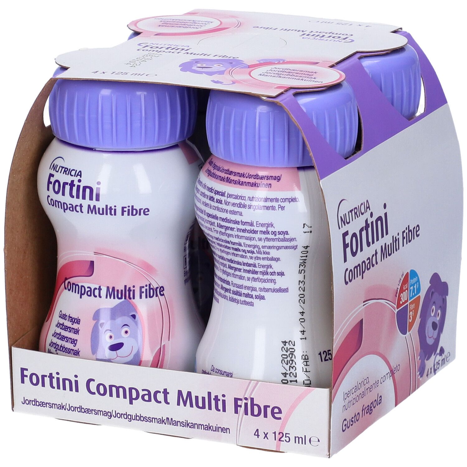 Confezione da quattro bottiglie Fortini Compact Multi Fibre. Bottiglie con tappi viola, in confezione di cartone. Testo: Gusto fragola.