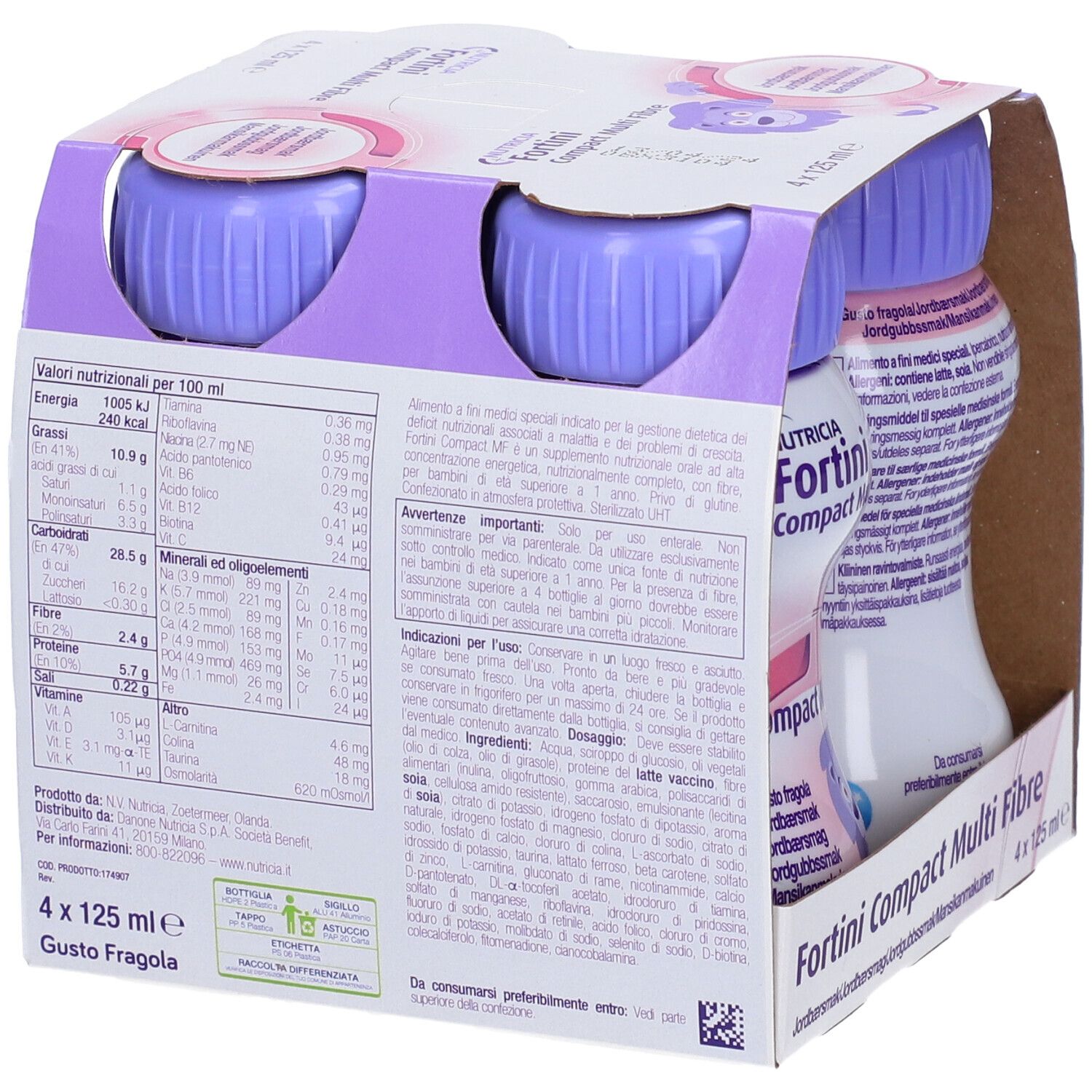 Confezione da quattro bottiglie Fortini Compact Multi Fibre. Bottiglie con tappi viola, informazioni nutrizionali sul retro.