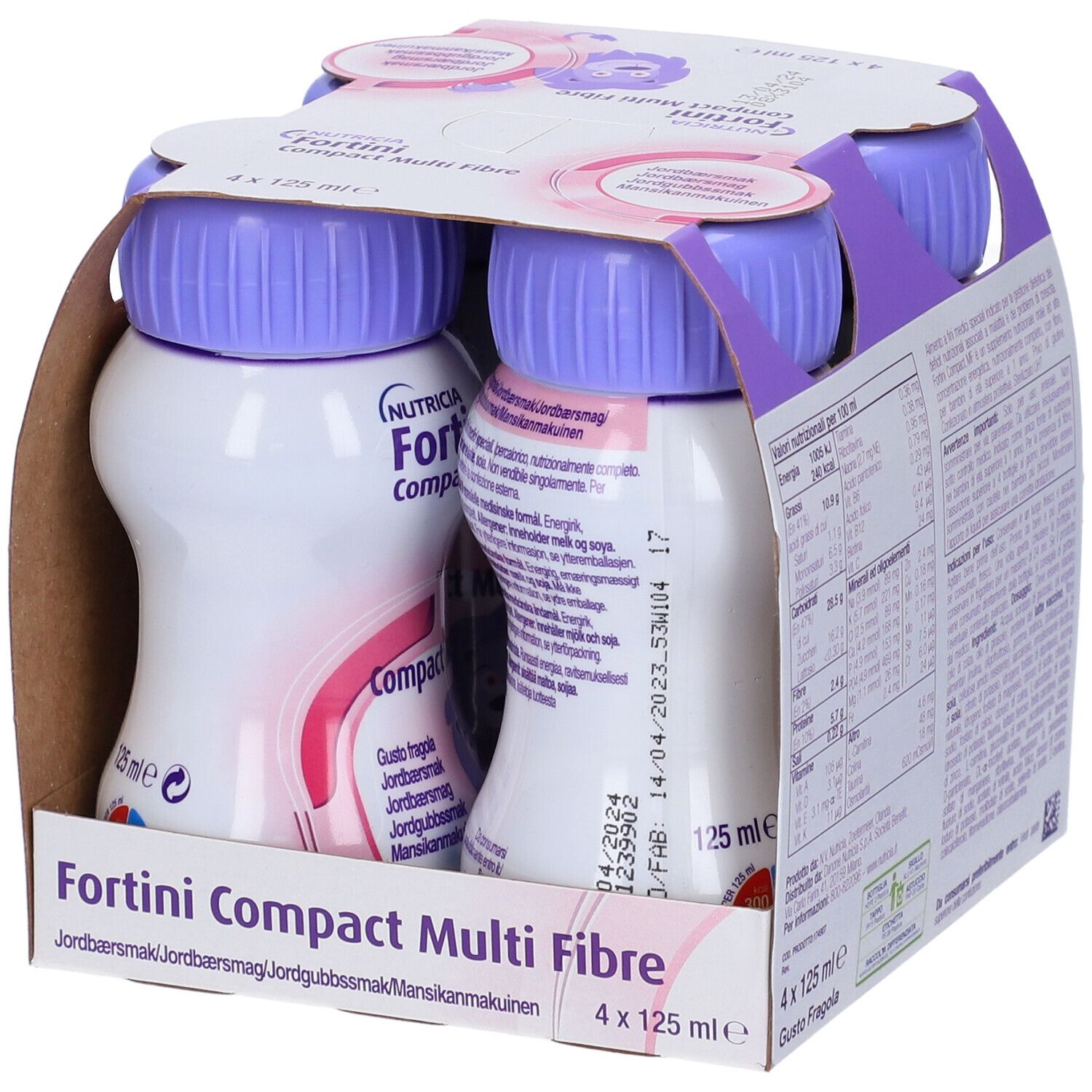 Confezione da quattro bottiglie Fortini Compact Multi Fibre. Bottiglie con tappi viola, in confezione di cartone. Testo: Gusto fragola.