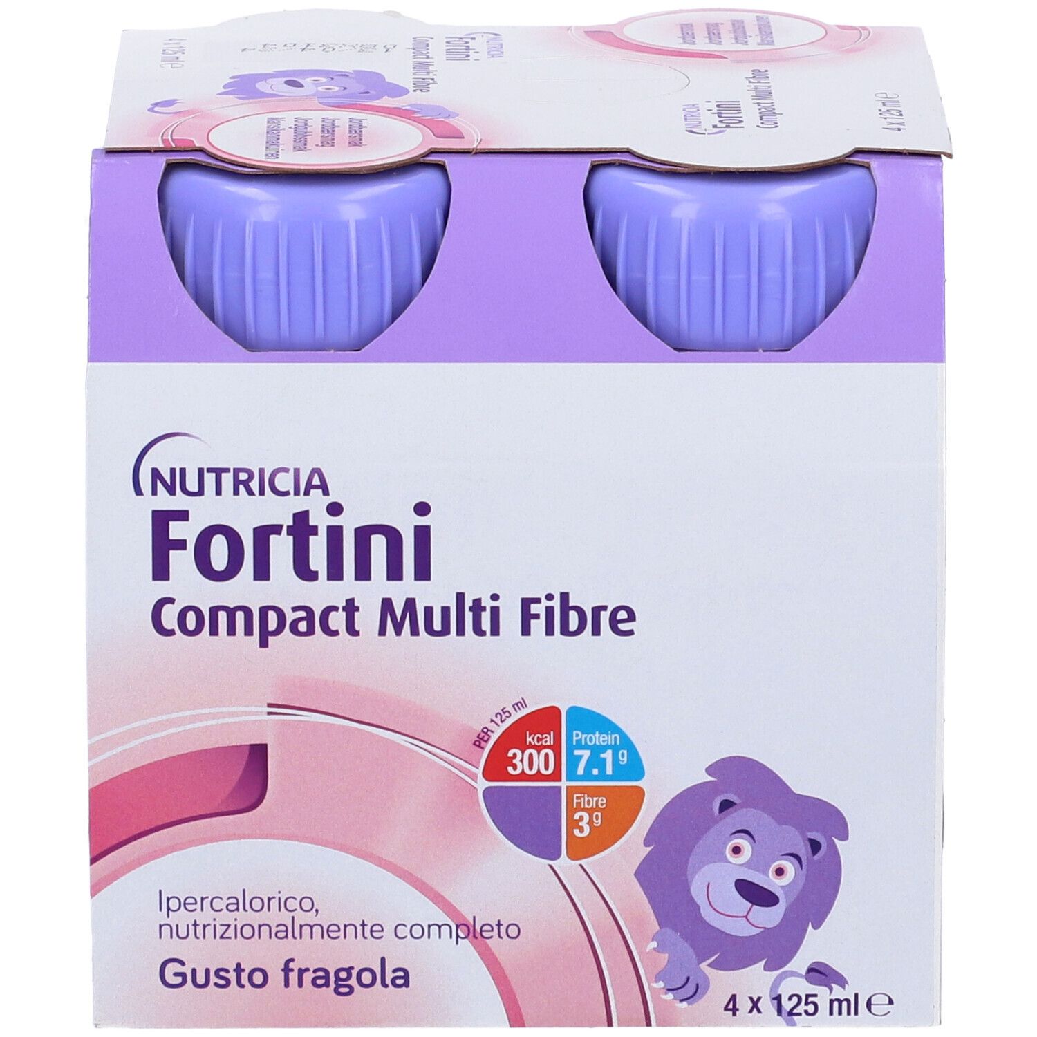 Confezione da due bottiglie Fortini Compact Multi Fibre. Bottiglie con tappi viola, confezione rosa. Testo: Gusto fragola.