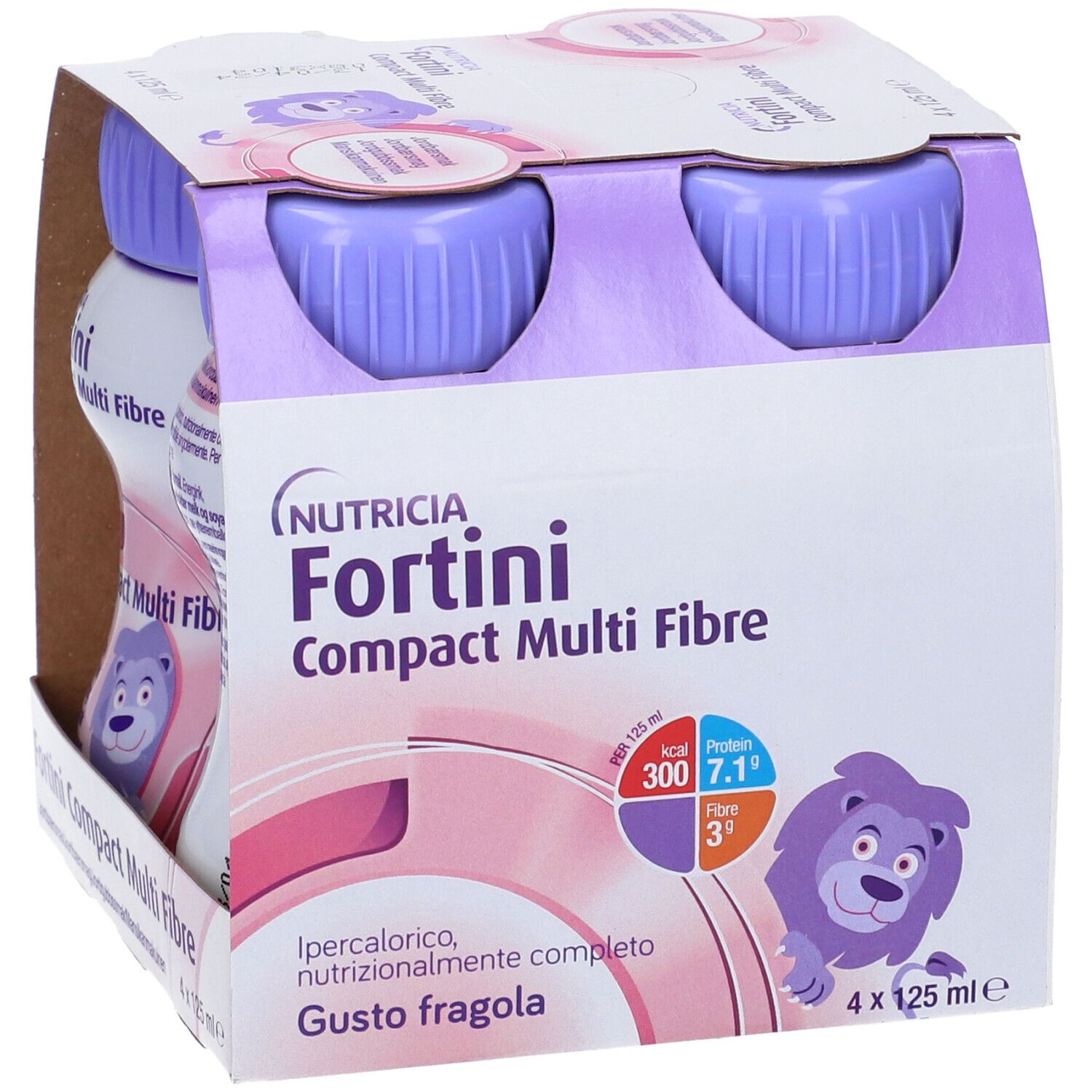 Confezione da quattro bottiglie Fortini Compact Multi Fibre. Bottiglie con tappi viola, confezione rosa. Testo: Gusto fragola.