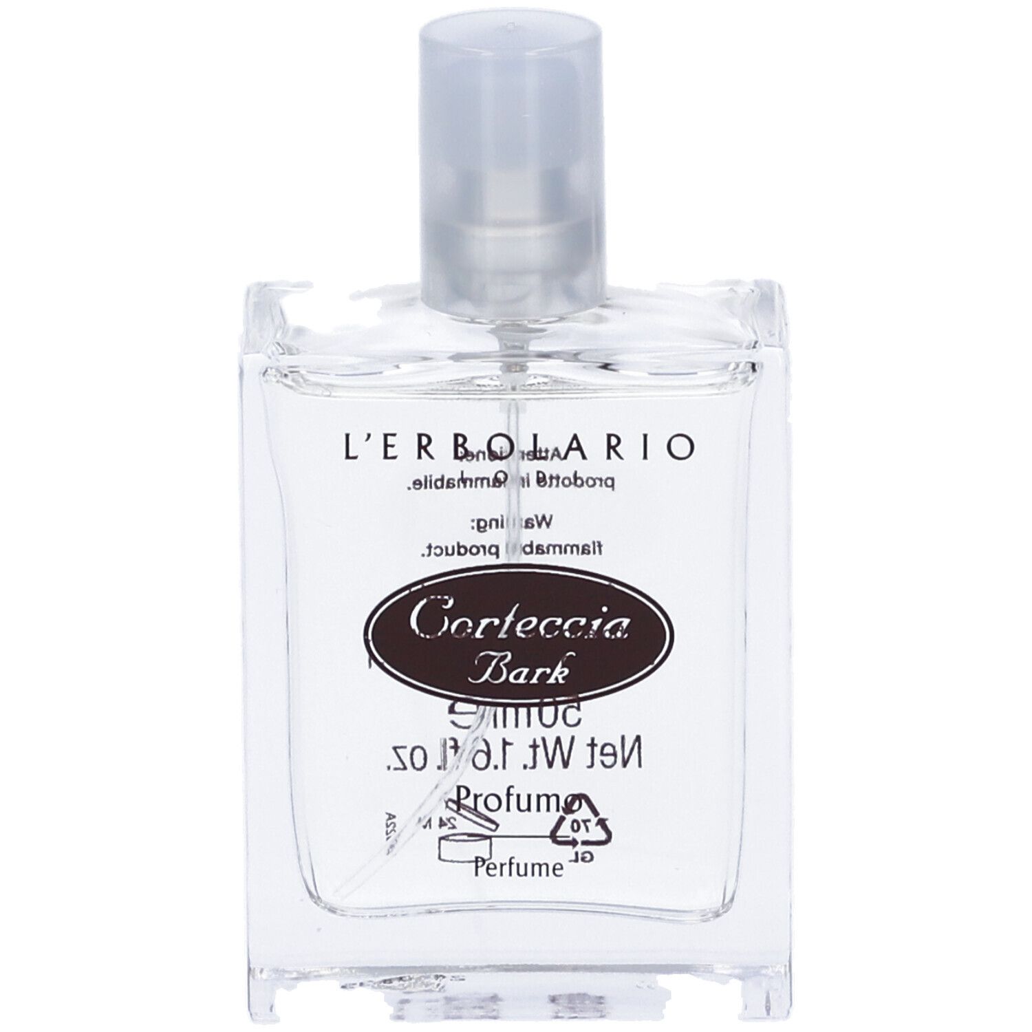 Flacone trasparente con vaporizzatore. Scritte: L'Erbolario, Corteccia Bark, Net Water Profumo.