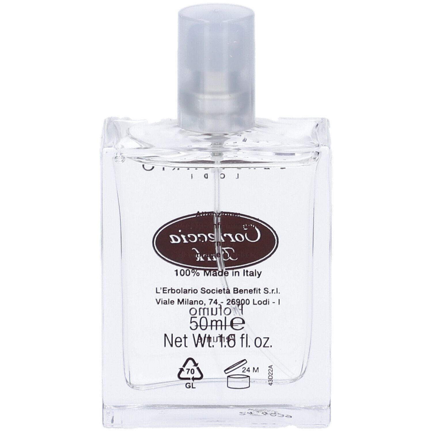 Flacone trasparente con vaporizzatore. Scritte: L'Erbolario, Corteccia Bark, 50ml, 1.6 fl. oz., Made in Italy.
