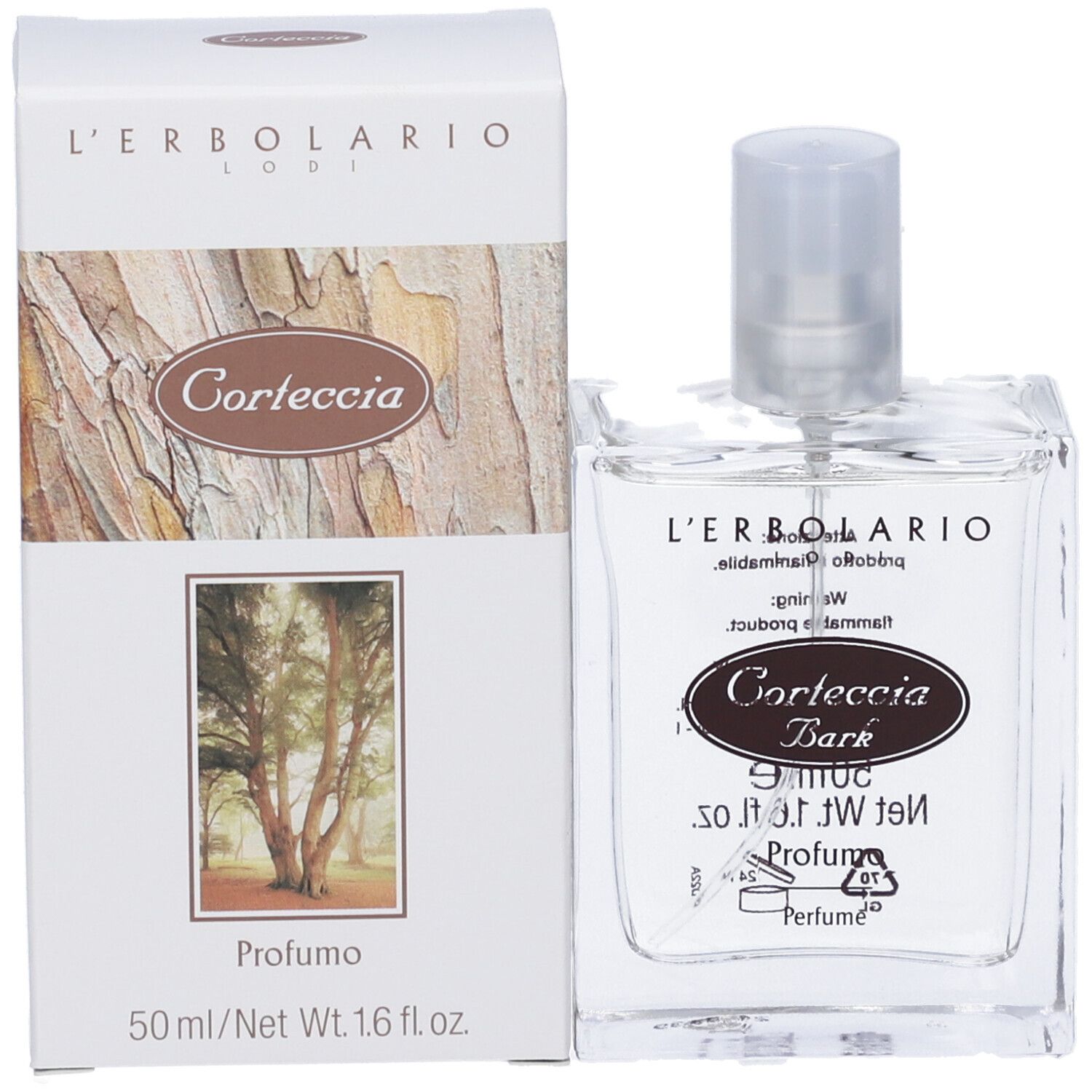 Confezione e flacone. Confezione con design corteccia, flacone con vaporizzatore. Scritte: L'Erbolario, Corteccia, Profumo.