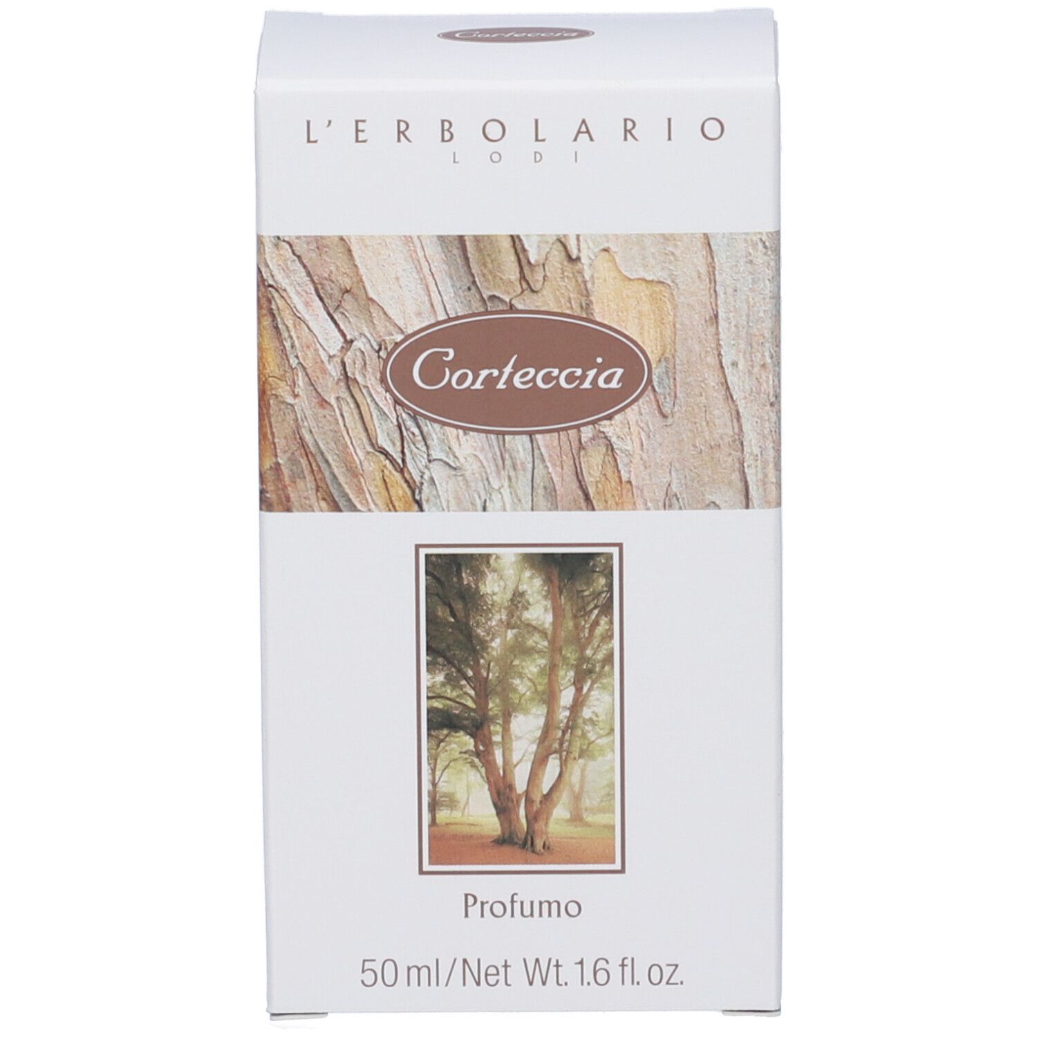 Confezione del prodotto. Bianca con design corteccia e immagine paesaggistica. Scritte: L'Erbolario, Corteccia, Profumo, 50 ml.