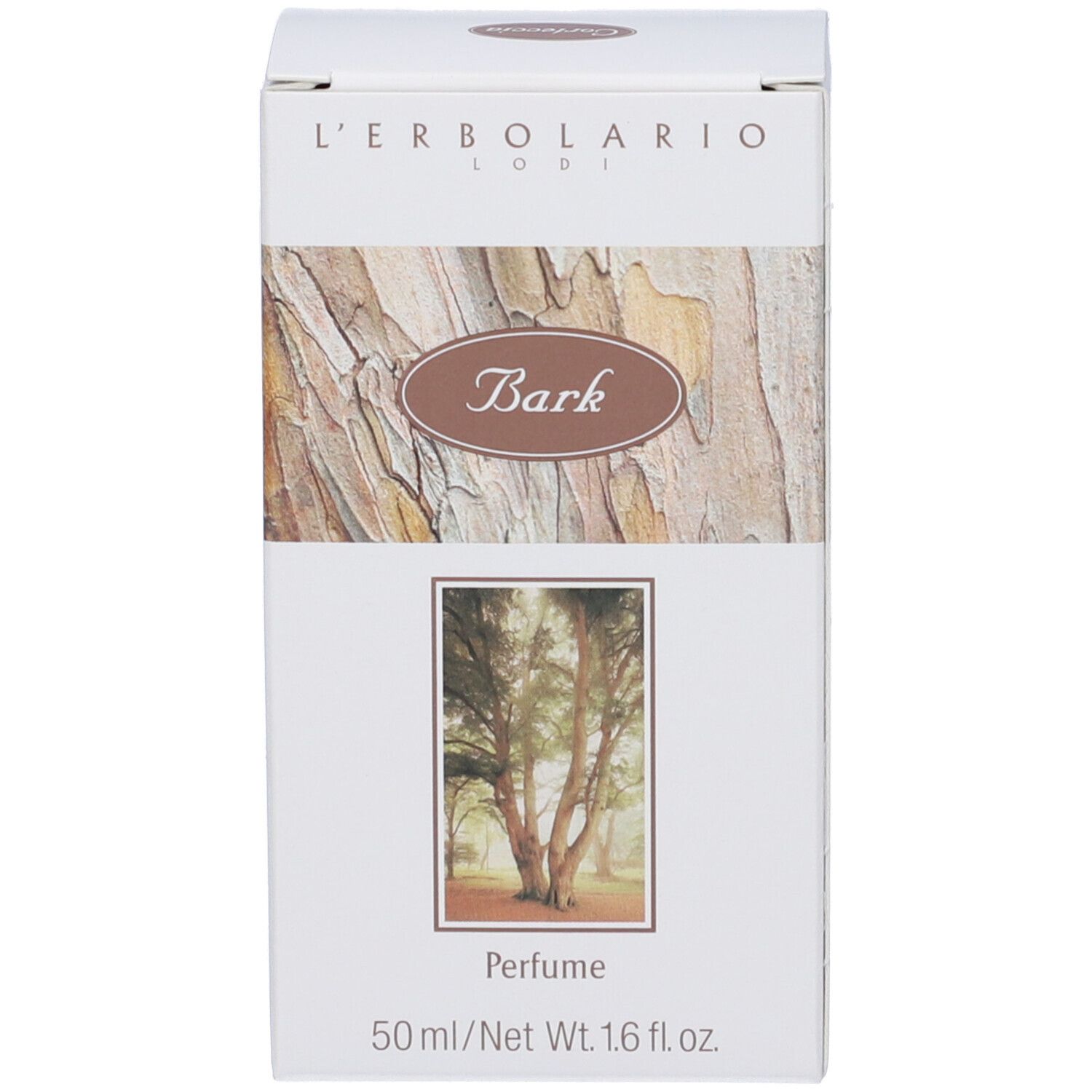 Confezione del prodotto. Bianca con design corteccia e immagine paesaggistica. Scritte: L'Erbolario, Bark, Perfume, 50 ml.