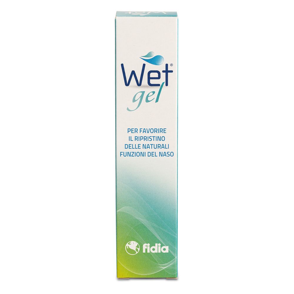 Schachtel für Nasenspray. Aufschrift: Wet gel, fidia. Farbverlauf von grün nach blau. Weißer Hintergrund.