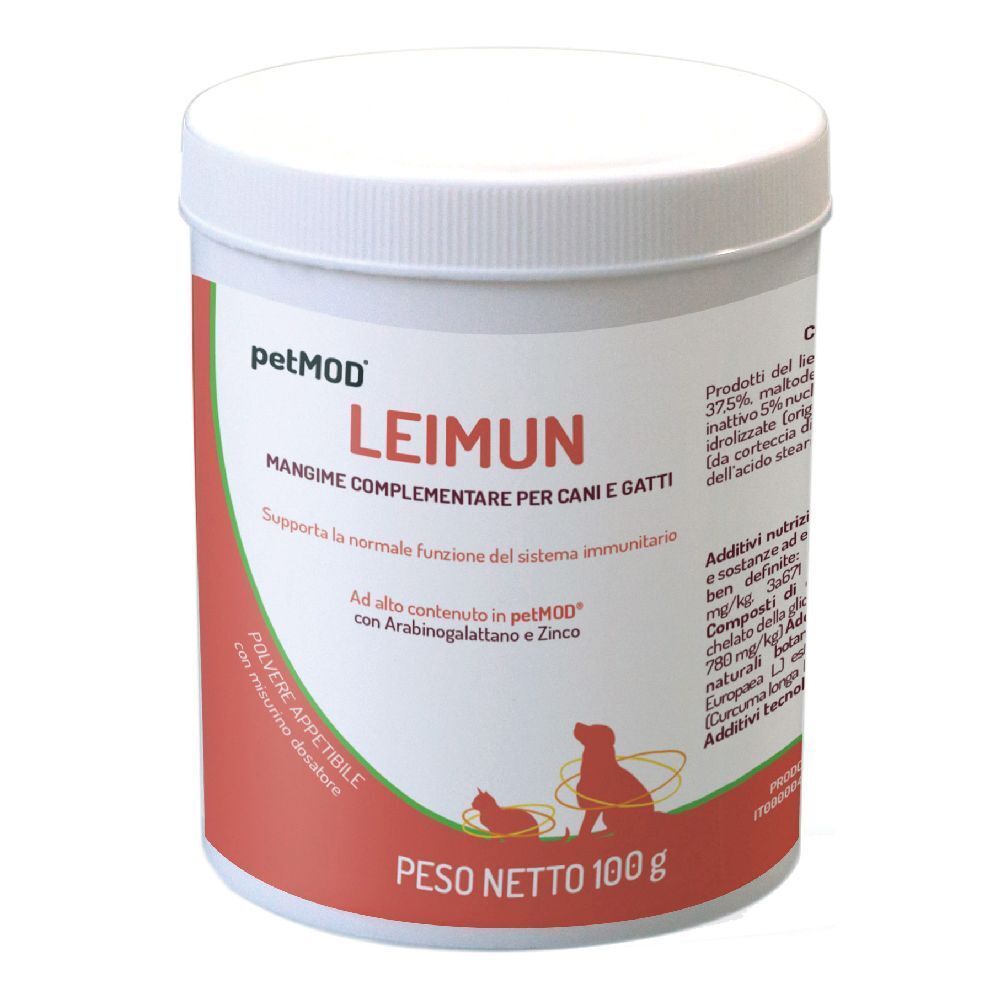 Barattolo bianco con etichetta rossa. Scritta: Petmod Leimun. Mangime complementare per cani e gatti. 100g.