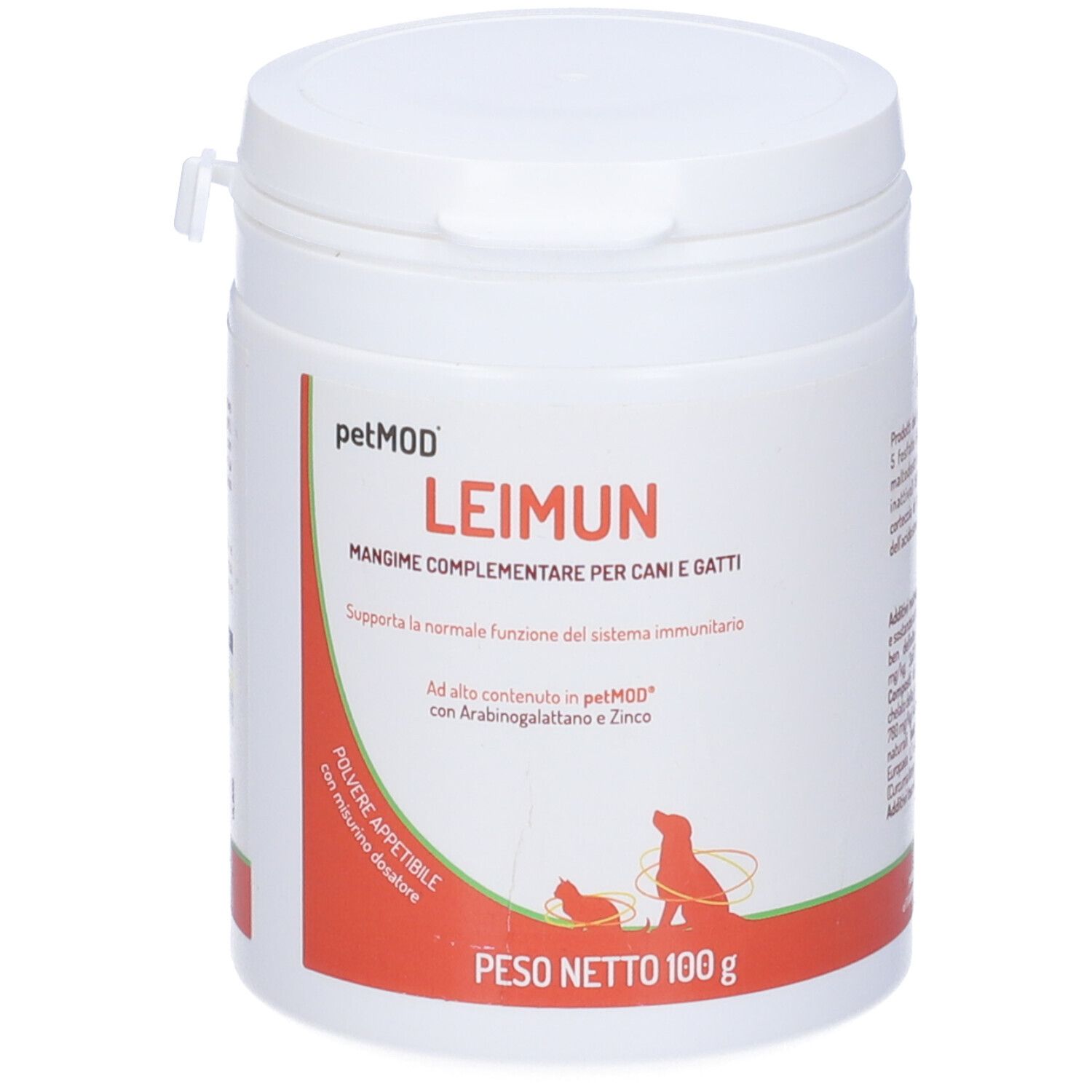 Barattolo bianco con etichetta rossa. Scritta: Petmod Leimun. Mangime complementare per cani e gatti. 100g. Con apertura dosatrice.