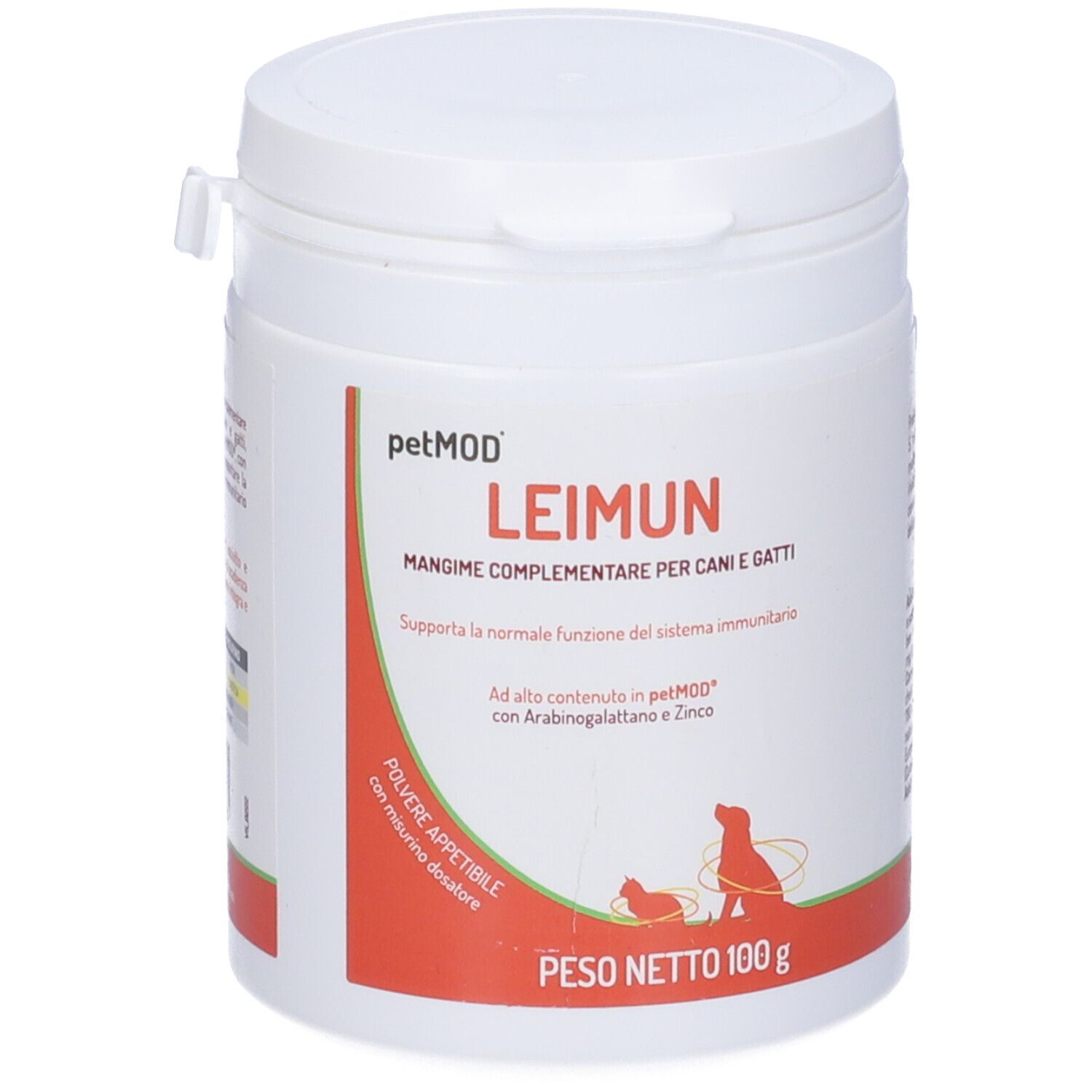 Barattolo bianco con etichetta rossa. Scritta: Petmod Leimun. Mangime complementare per cani e gatti. 100g. Con apertura dosatrice.