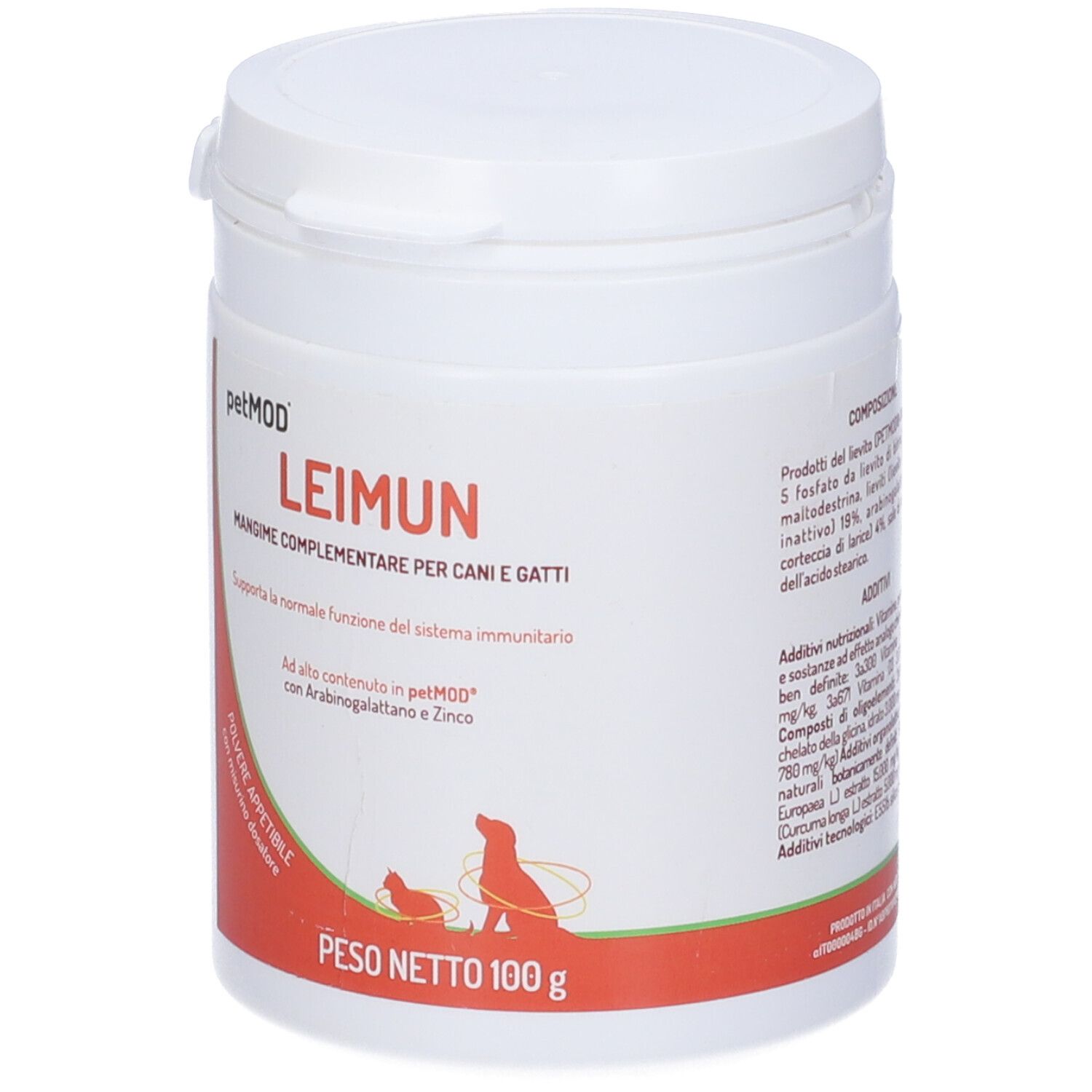 Barattolo bianco con etichetta rossa. Scritta: Petmod Leimun. Mangime complementare per cani e gatti. 100g. Con apertura dosatrice.