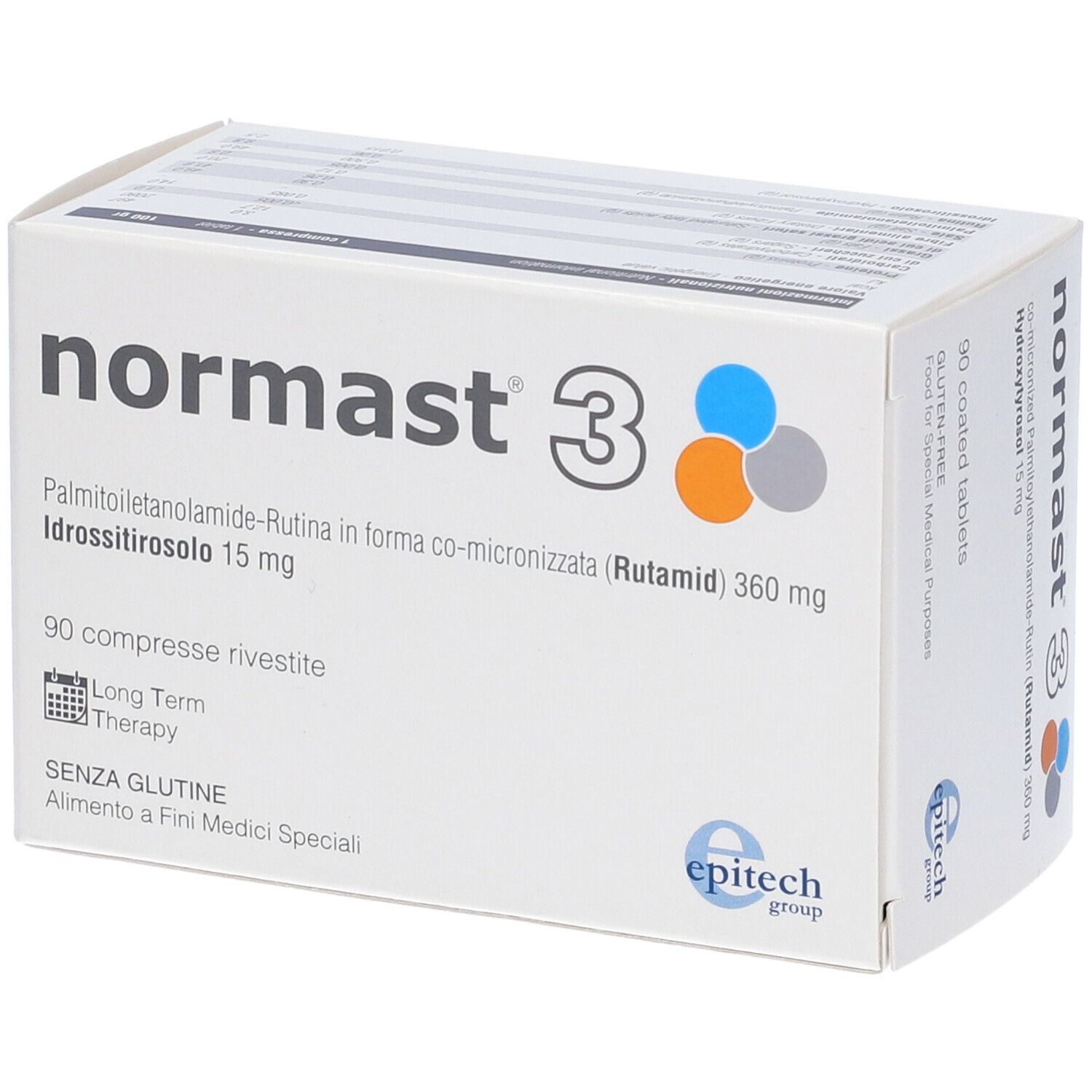 Scatola bianca "normast 3". Contiene 90 compresse. Scritta "SENZA GLUTINE".