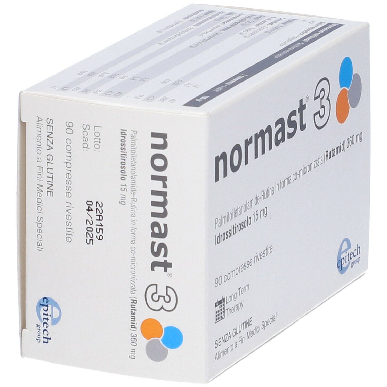 Scatola bianca "normast 3". Contiene 90 compresse. Scritta "SENZA GLUTINE". Logo Epitech.