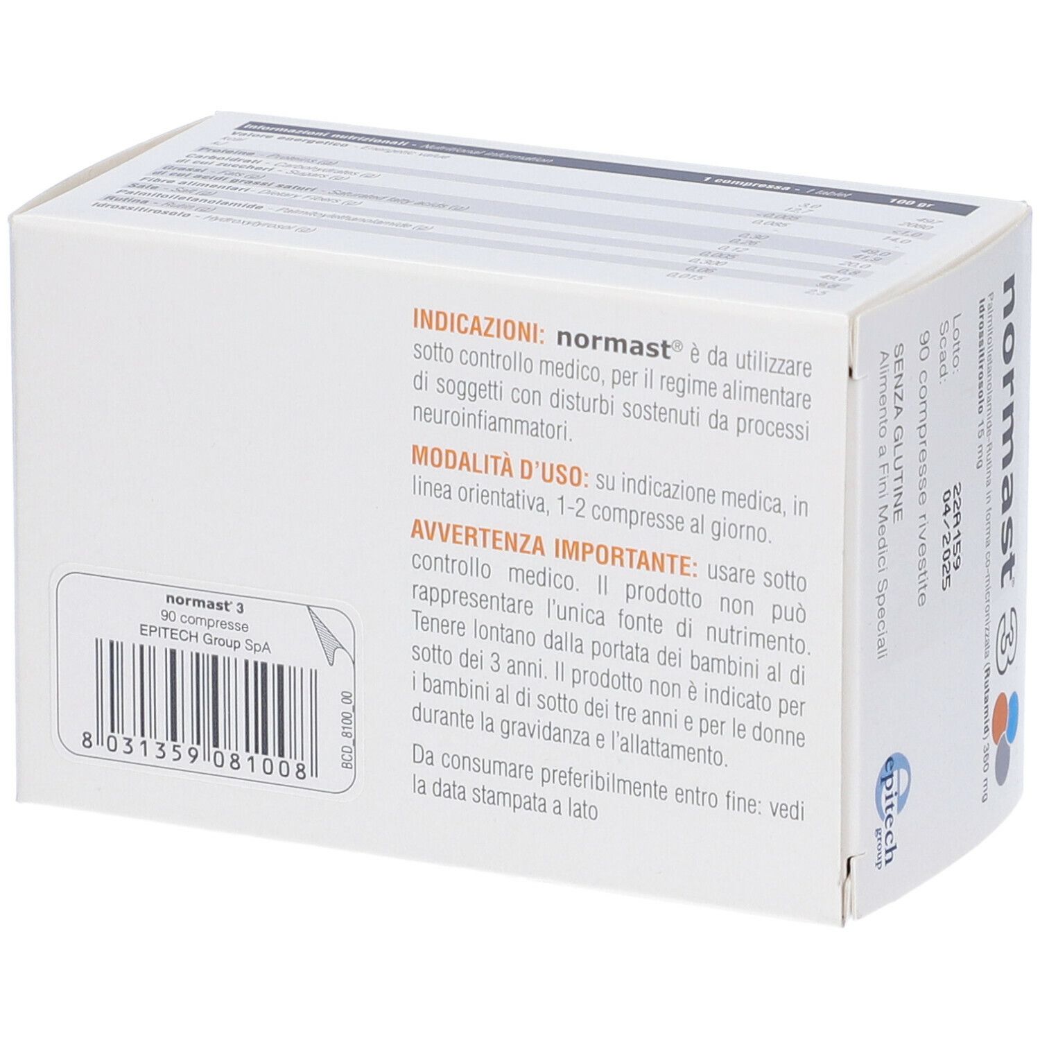Retro confezione "normast 3". Testo: "INDICATIONS", "MODALITÀ D'USO", "AVVERTENZE IMPORTANTI".