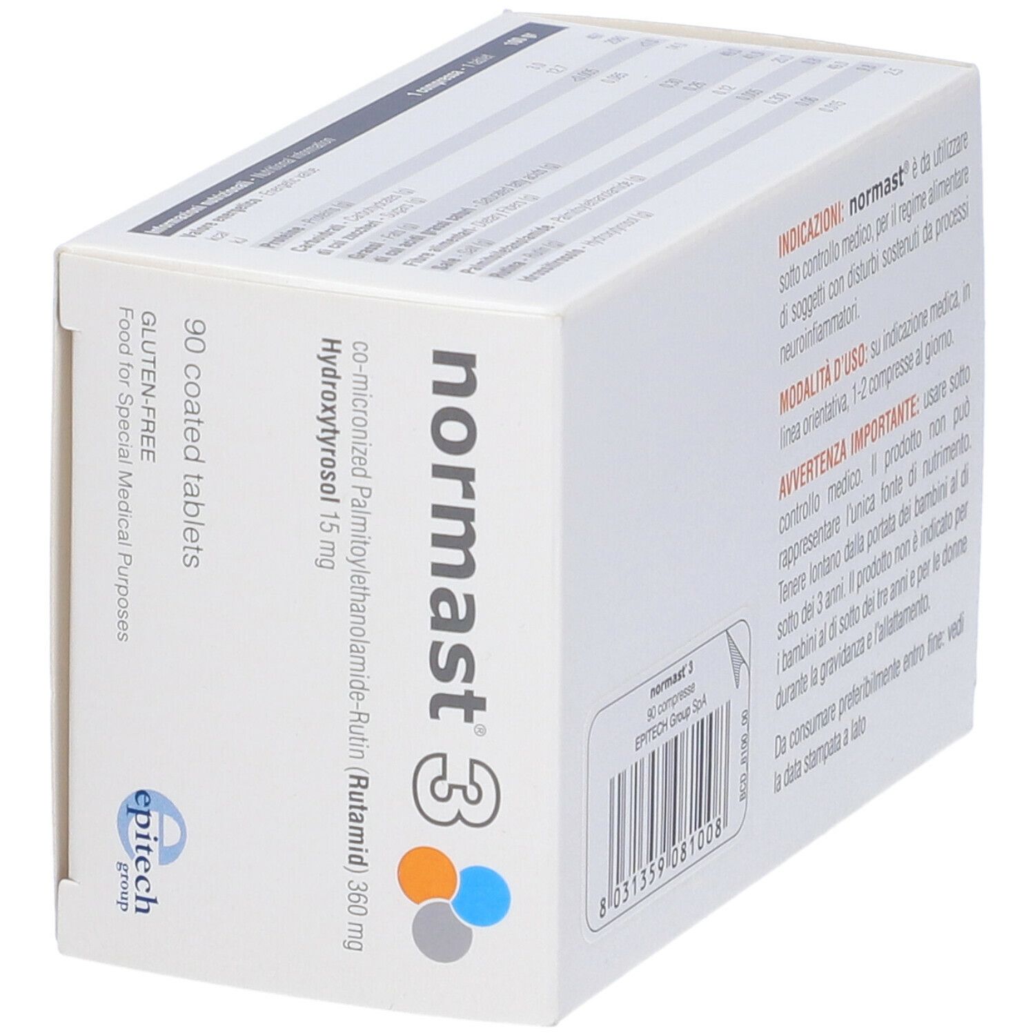 Vista obliqua della confezione "normast 3". Contiene 90 compresse. Scritta "SENZA GLUTINE".