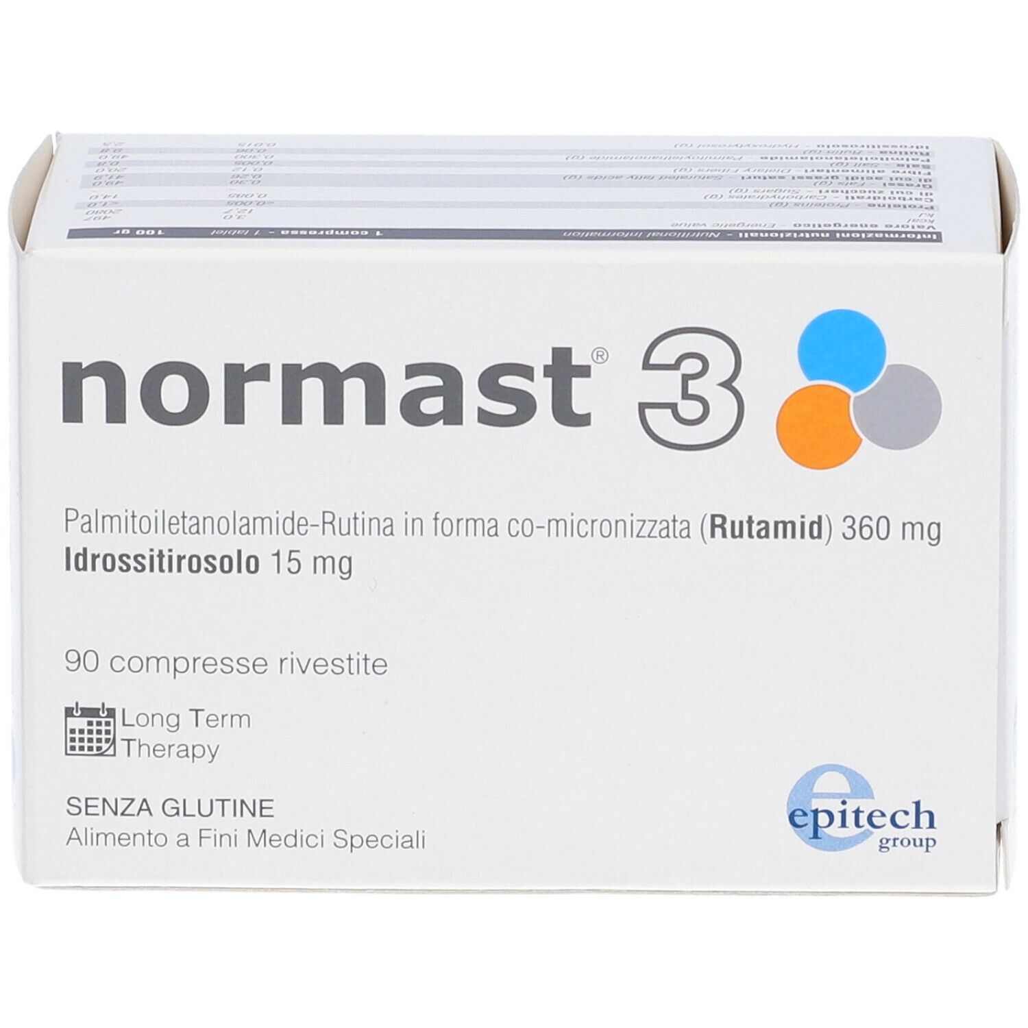 Scatola bianca "normast 3". Contiene 90 compresse. Scritta "SENZA GLUTINE". Logo Epitech.