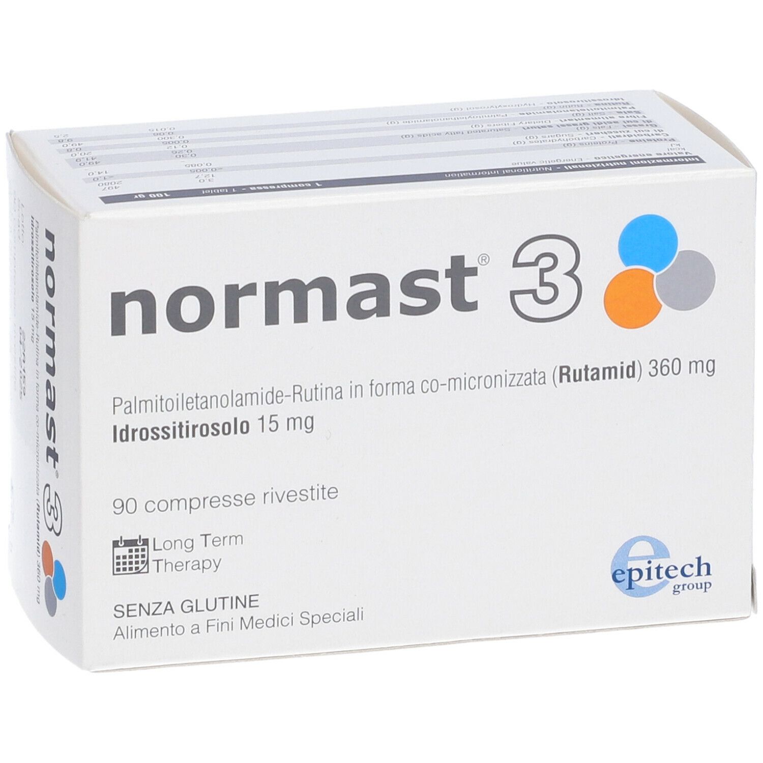 Scatola bianca "normast 3". Contiene 90 compresse. Scritta "SENZA GLUTINE". Logo Epitech.