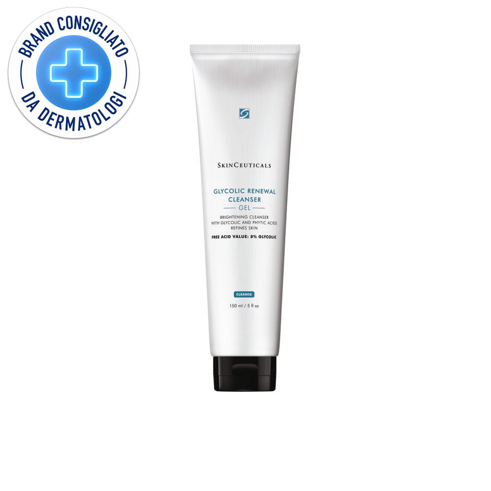 Weißer Tubenbehälter mit schwarzem Deckel. Text: Skinceuticals, Glycolic Renew Cleanser, Gel. Logo: Brand Consigliato da Dermatologi.