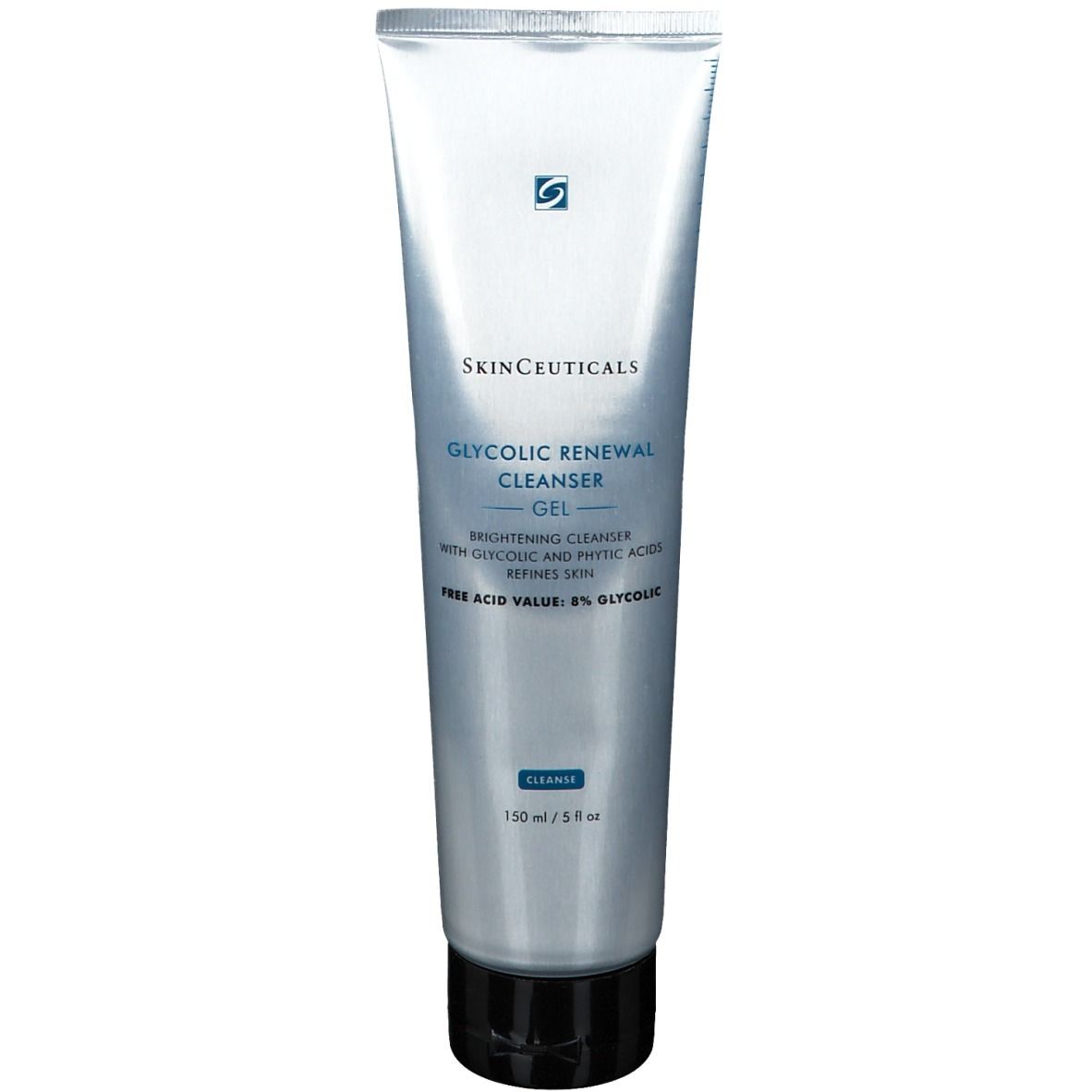 Silberfarbene Tube mit schwarzem Deckel. Text: Skinceuticals, Glycolic Renew Cleanser, Gel. 150 ml/5 fl oz.
