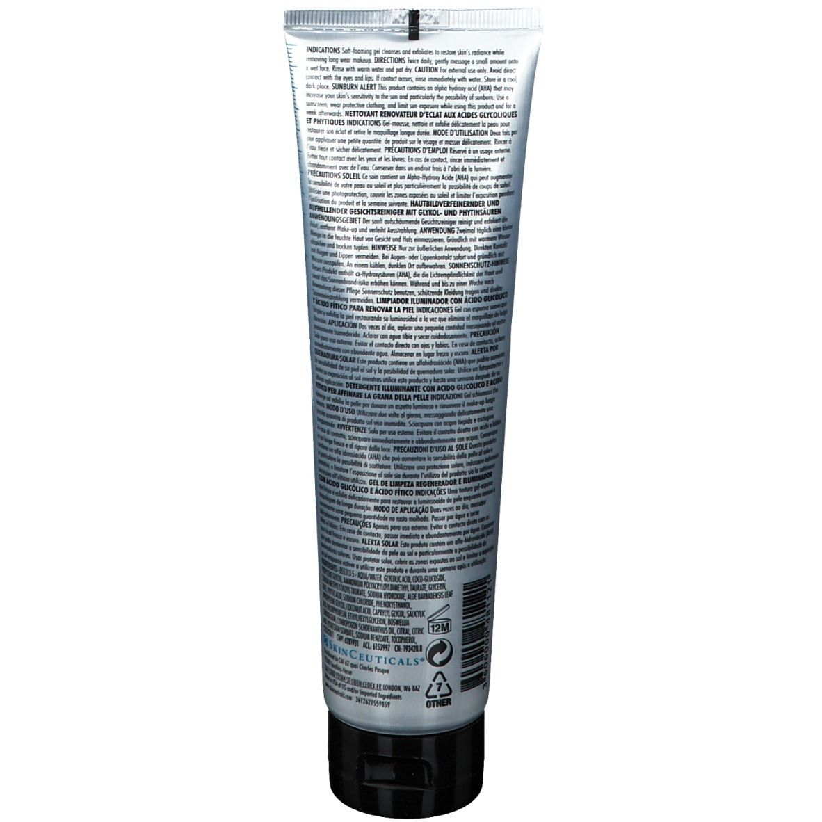 Rückseite einer Tube. Text: Produktinformationen, Inhaltsstoffe, Anwendungshinweise. Schwarzer Deckel. Grauer Hintergrund.