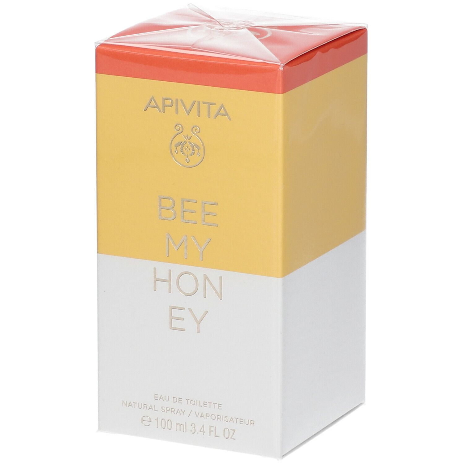 Confezione di APIVITA Bee My Honey Eau de Toilette. Design bianco-giallo-arancione. Nome del prodotto e logo sul fronte.