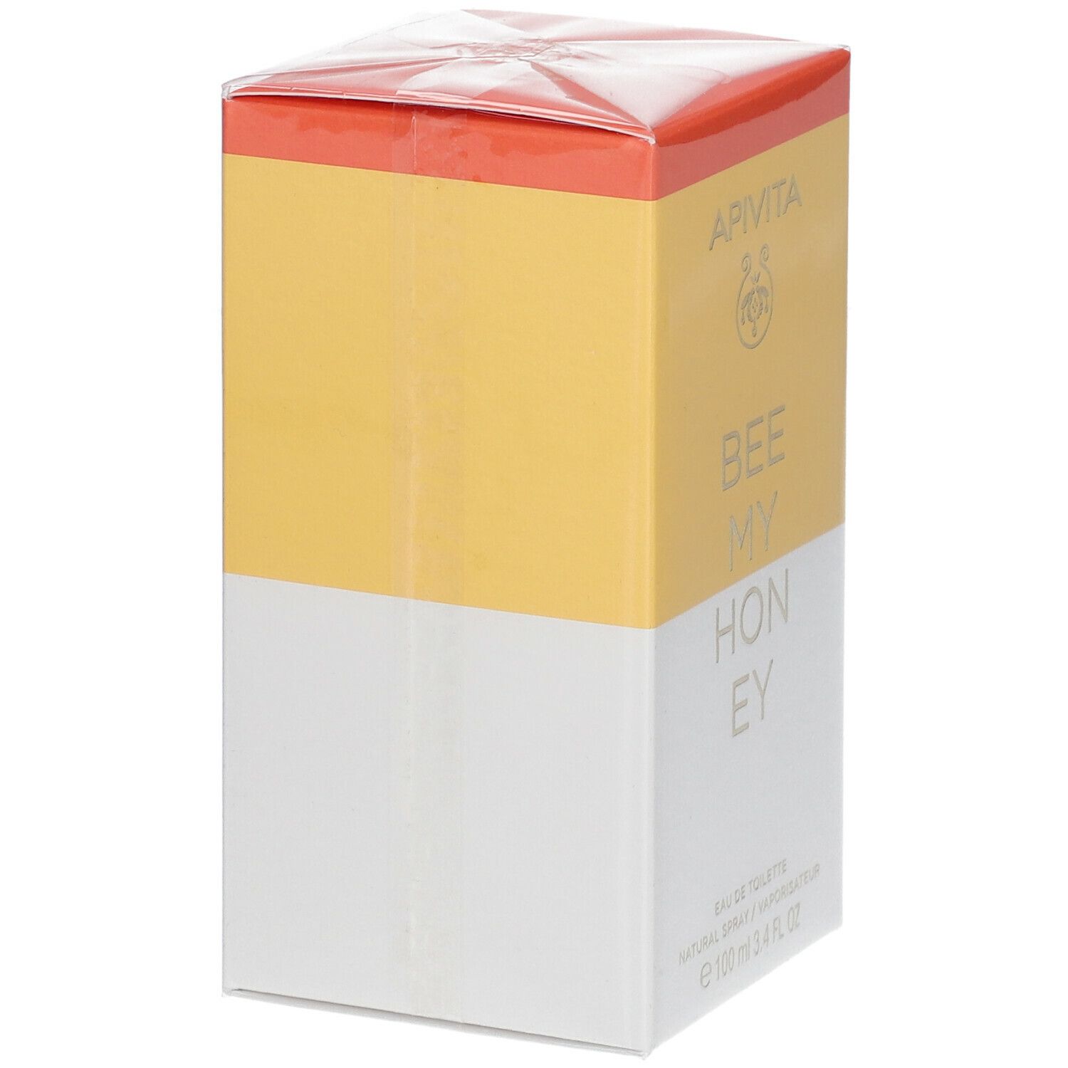 Confezione di APIVITA Bee My Honey Eau de Toilette. Design bianco-giallo-arancione. Vista laterale della confezione.
