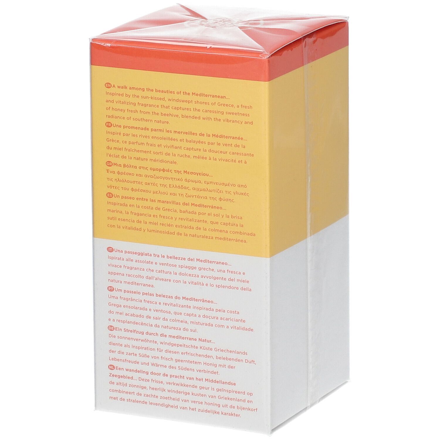 Confezione di APIVITA Bee My Honey Eau de Toilette. Retro con testo multilingue. Design bianco-giallo-arancione.