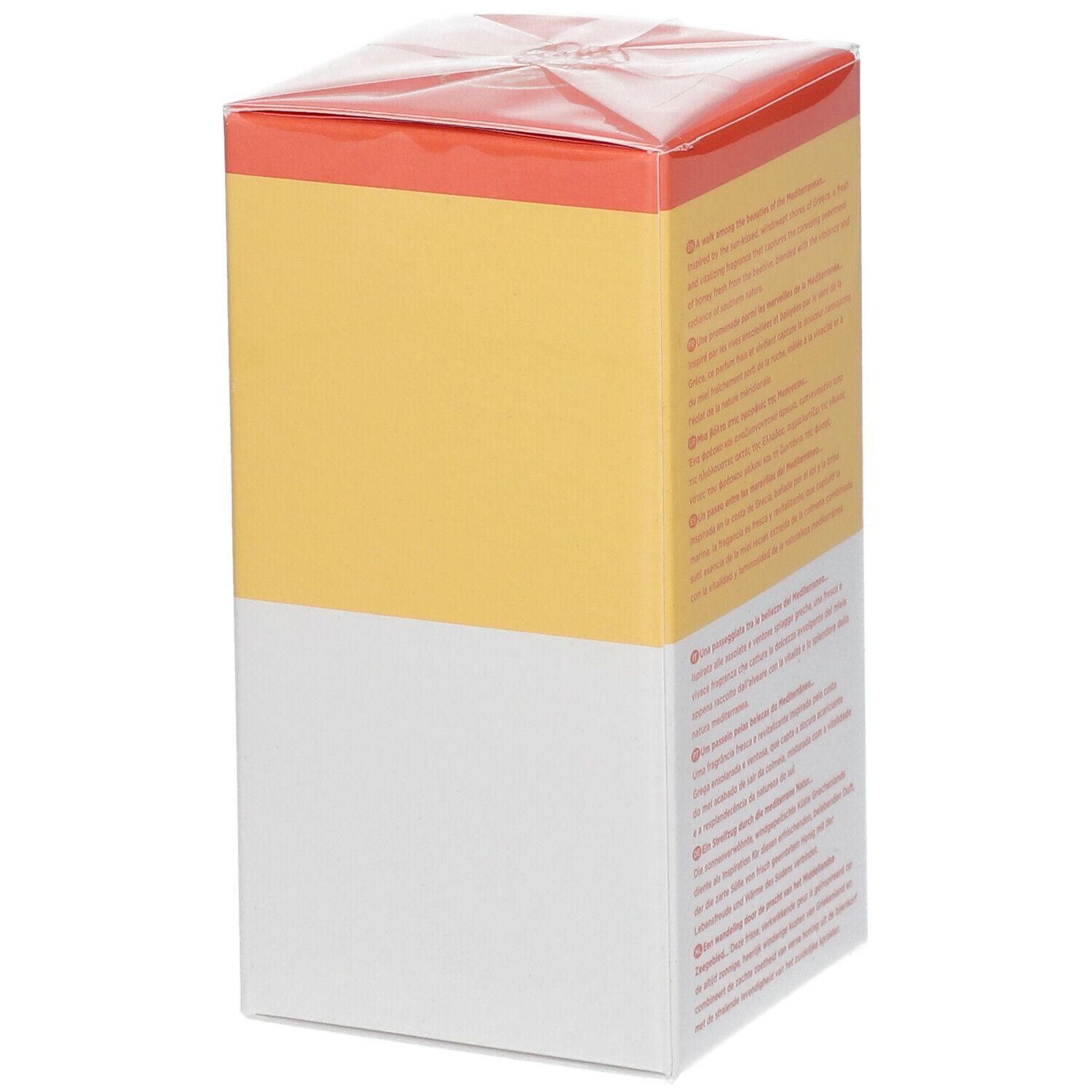 Confezione di APIVITA Bee My Honey Eau de Toilette. Retro con testo multilingue. Design bianco-giallo-arancione.