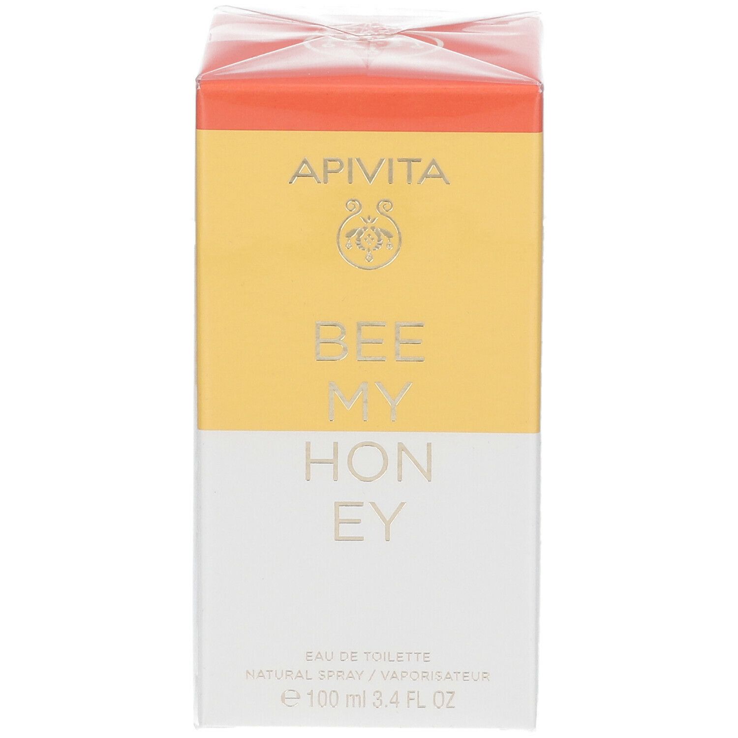 Confezione di APIVITA Bee My Honey Eau de Toilette. Vista frontale. Design bianco-giallo-arancione. Nome del prodotto e logo.