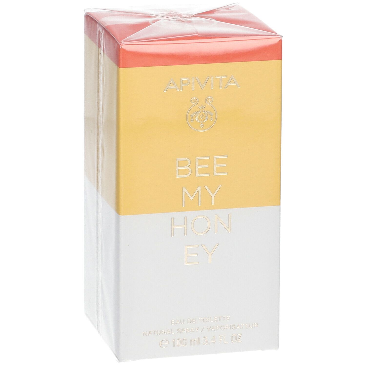 Confezione di APIVITA Bee My Honey Eau de Toilette. Vista frontale. Design bianco-giallo-arancione. Nome del prodotto e logo.