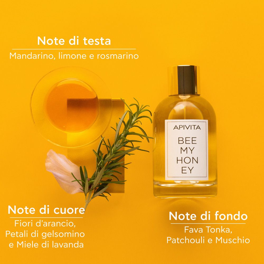 APIVITA Bee My Honey Eau de Toilette accanto a ingredienti: mandarino, limone, rosmarino, fiori d'arancio, gelsomino, lavanda.