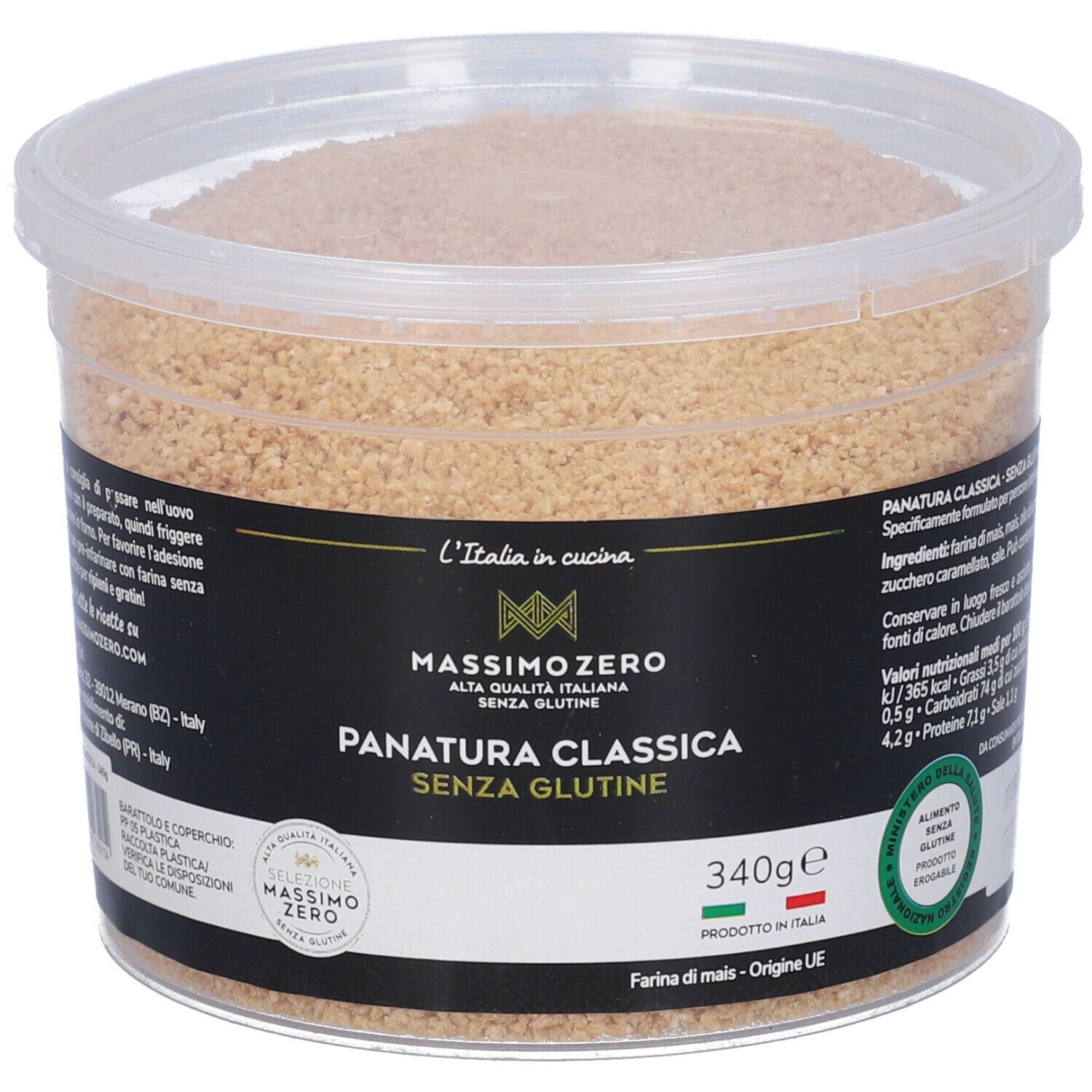 Contenitore di panatura senza glutine. Etichetta nera con informazioni e logo. 340g.