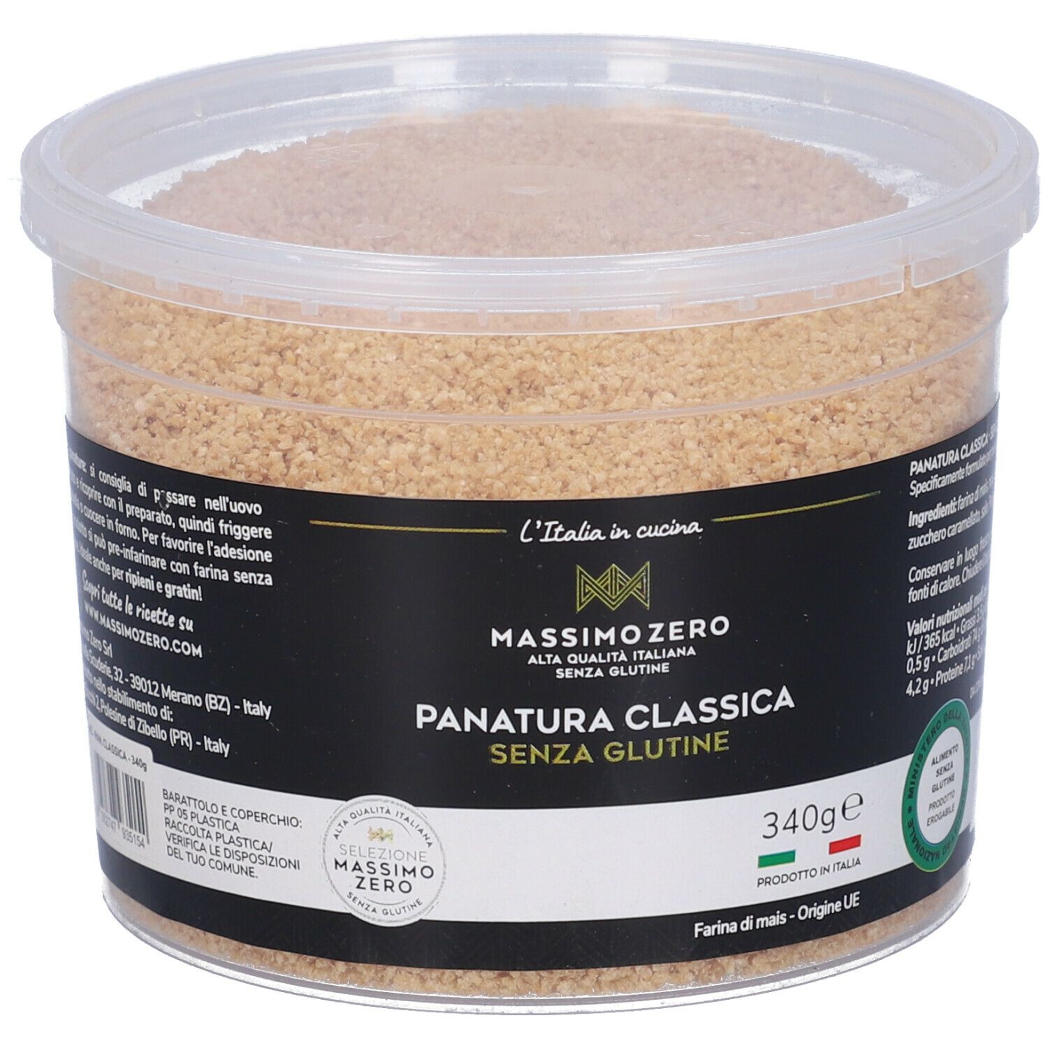 Contenitore di panatura senza glutine. Etichetta nera con informazioni e logo. 340g.