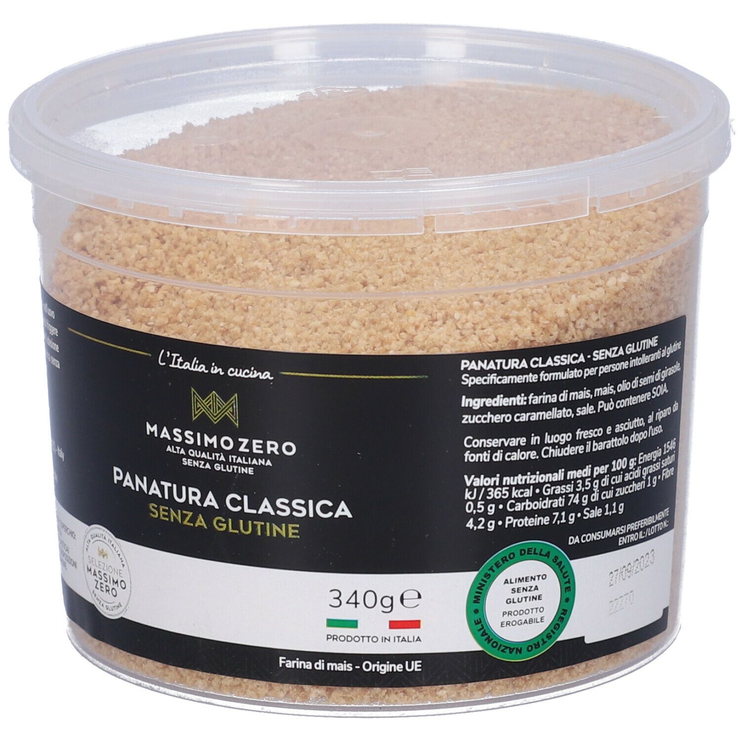 Contenitore di panatura senza glutine. Etichetta nera con informazioni e logo. 340g.