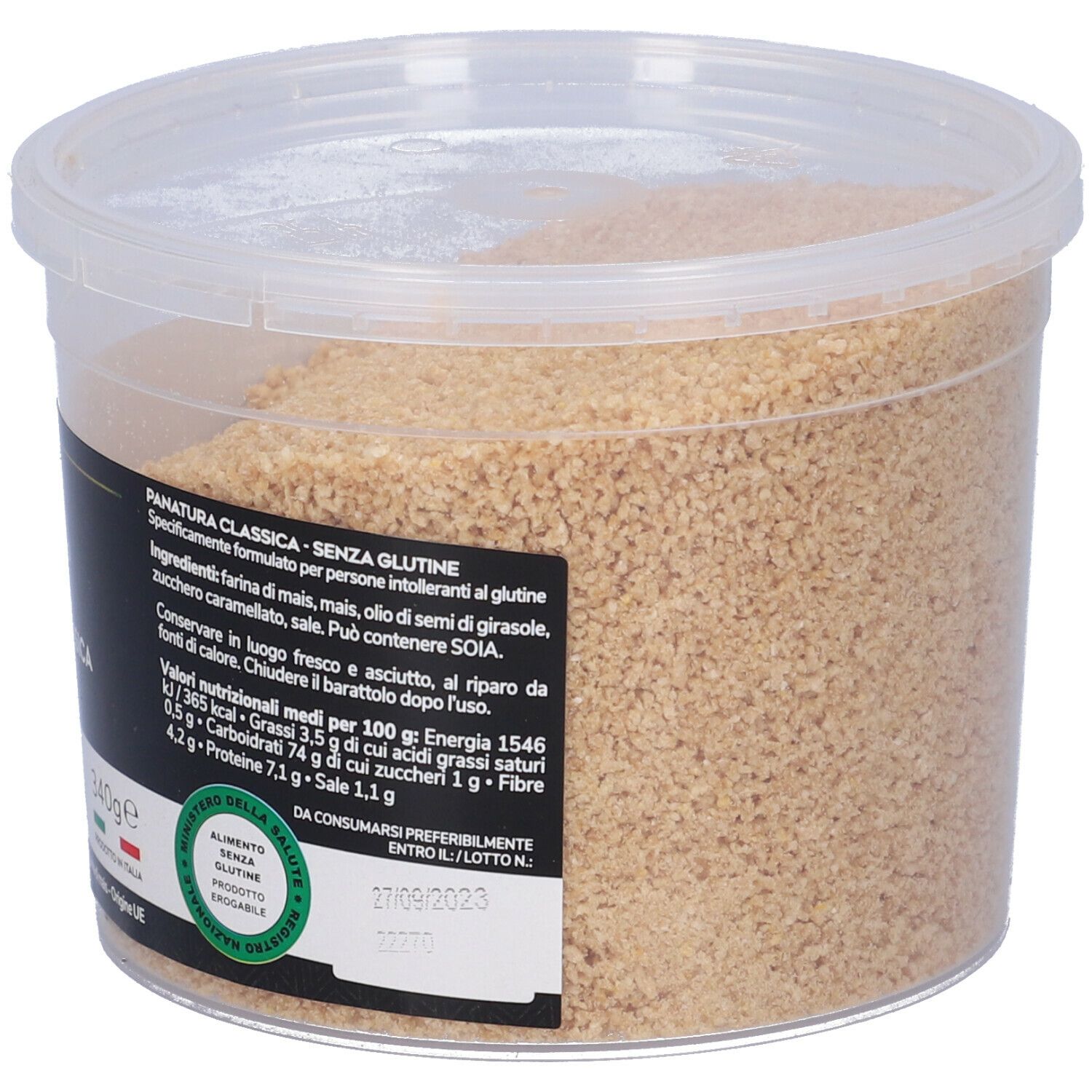 Contenitore di panatura senza glutine. Etichetta nera con informazioni e logo. 340g.