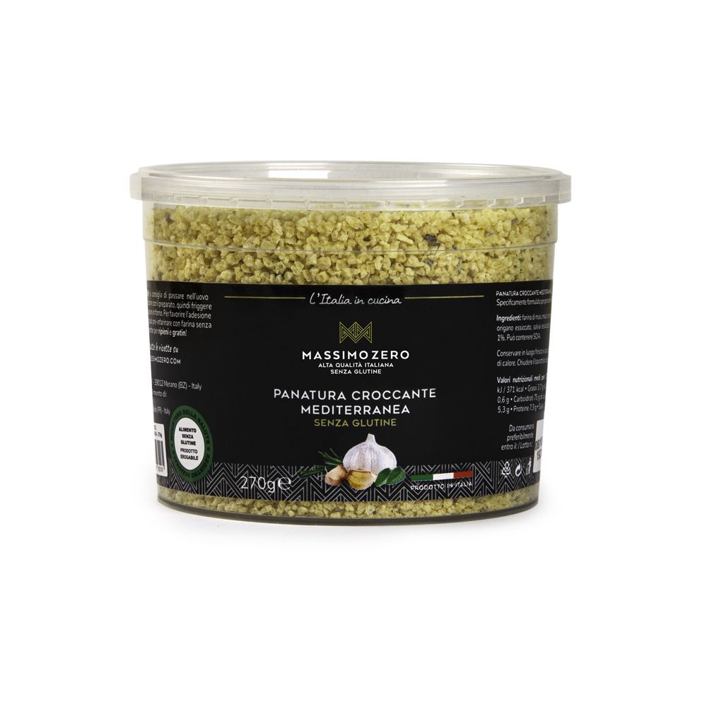 Contenitore di Panatura Croccante Mediterranea senza glutine. Etichetta nera con nome prodotto, aglio ed erbe. 270g.