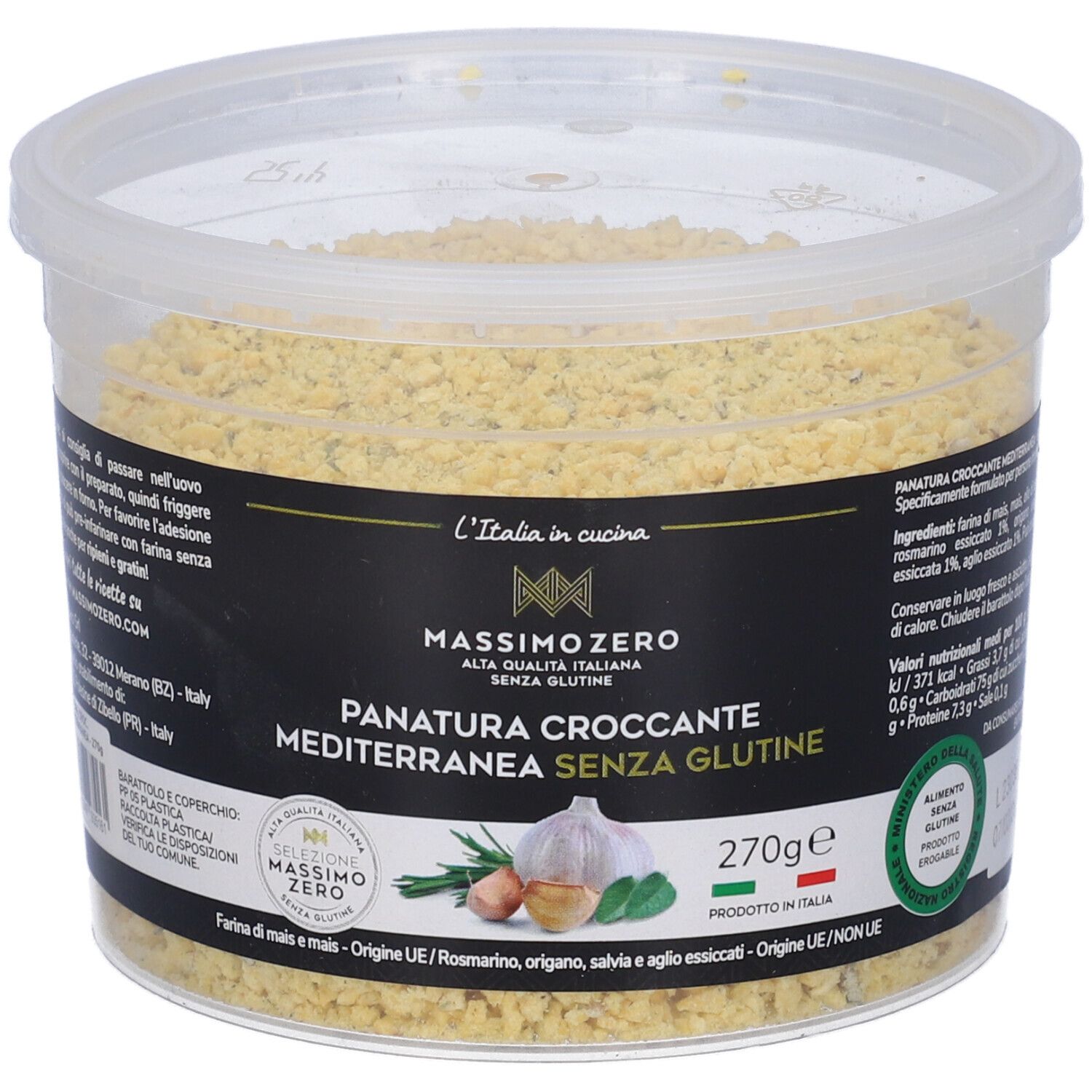 Contenitore di Panatura Croccante Mediterranea senza glutine. Etichetta nera con nome prodotto, aglio ed erbe. 270g.