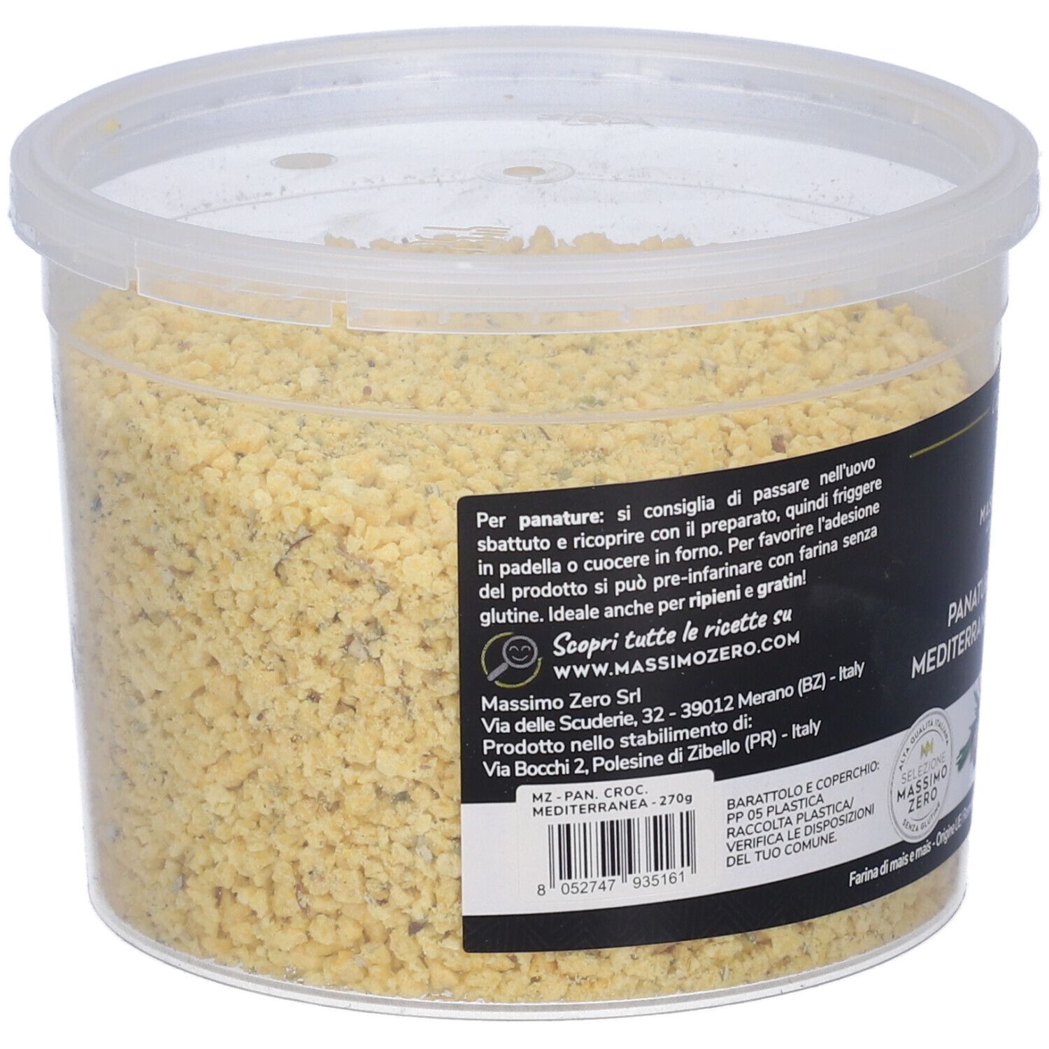Contenitore di Panatura Croccante Mediterranea senza glutine. Etichetta nera con nome prodotto, aglio ed erbe. 270g.