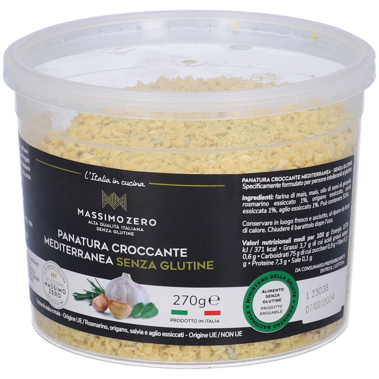 Contenitore di Panatura Croccante Mediterranea senza glutine. Etichetta nera con nome prodotto, aglio ed erbe. 270g.