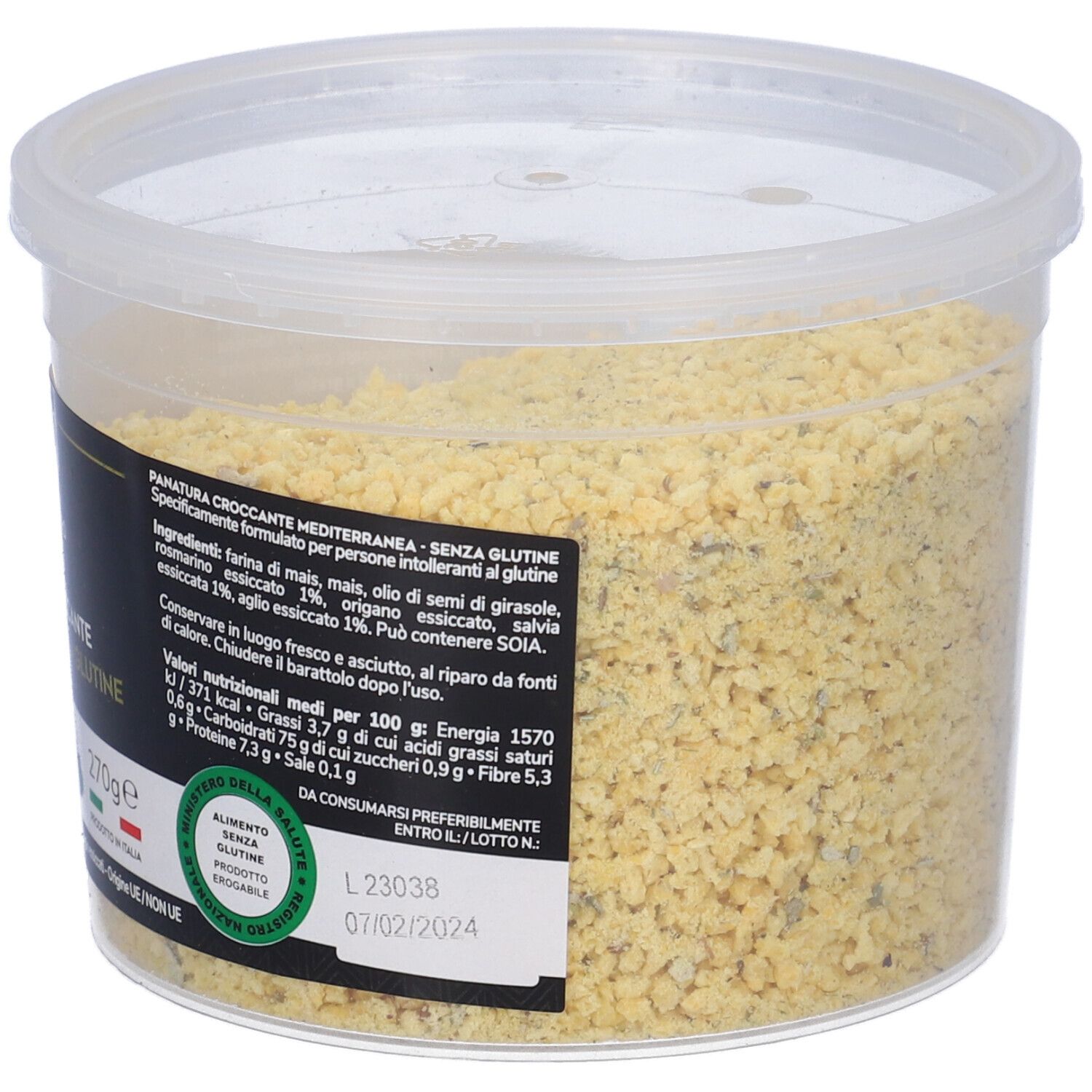 Contenitore di Panatura Croccante Mediterranea senza glutine. Etichetta nera con nome prodotto, aglio ed erbe. 270g.