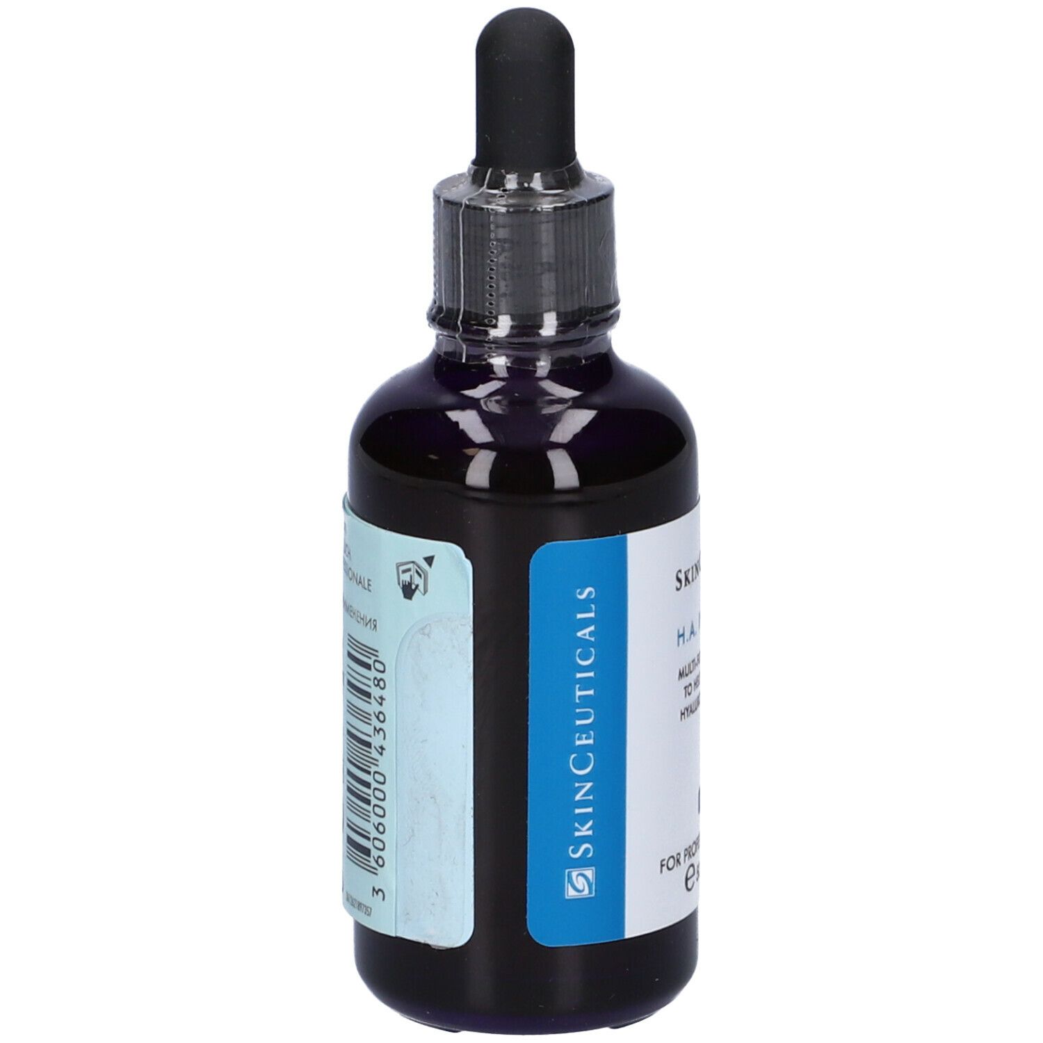 Flacone di vetro blu scuro con pipetta. Etichetta con informazioni e codice a barre. Logo SkinCeuticals.