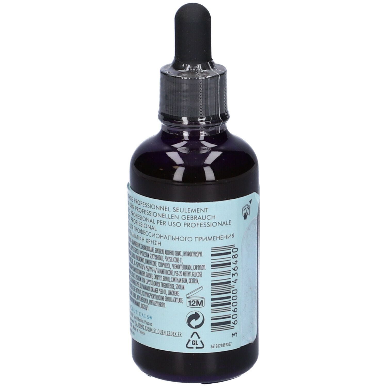Flacone di vetro blu scuro con pipetta. Etichetta con ingredienti e testo. Logo SkinCeuticals.