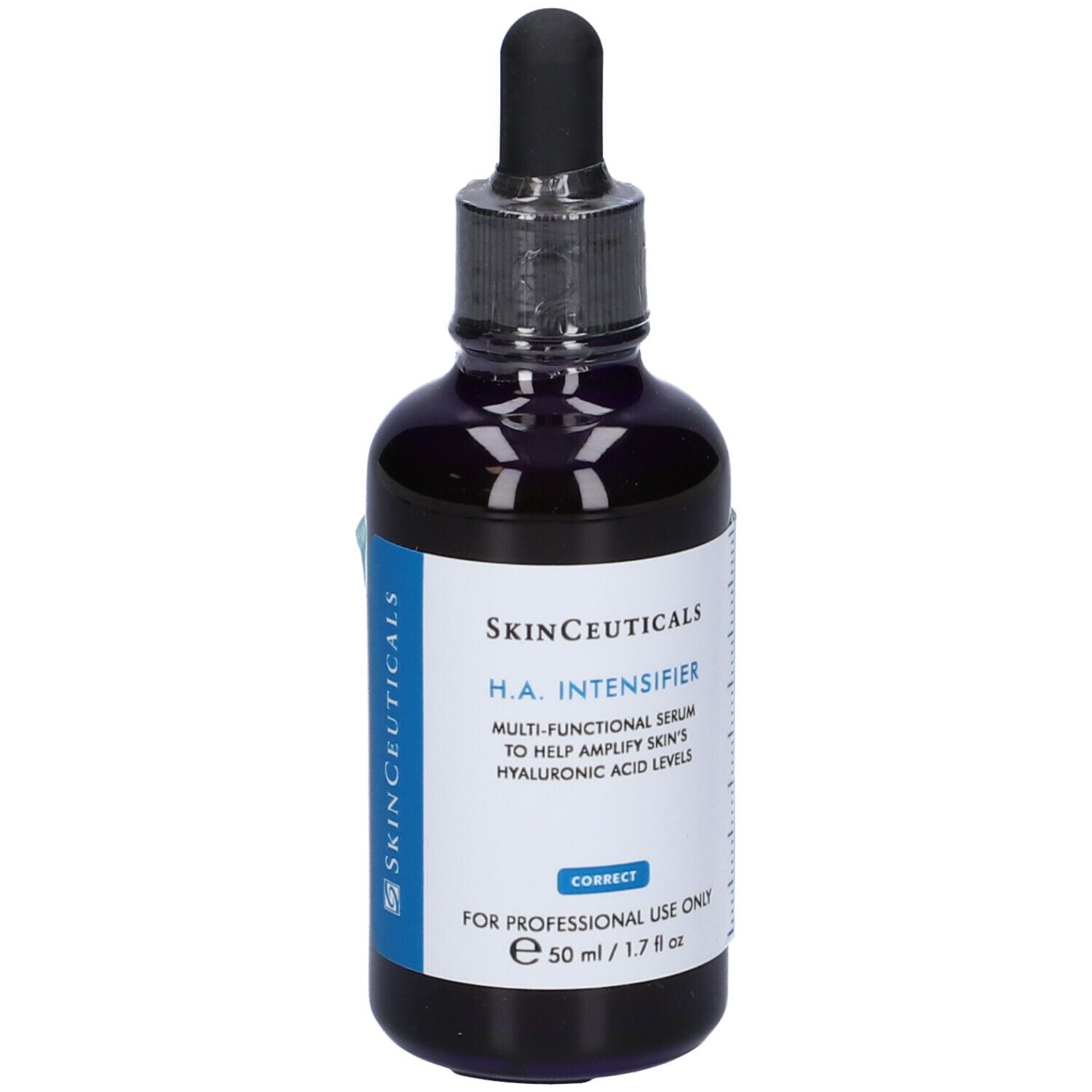 Flacone di vetro blu scuro con pipetta. Etichetta con nome e testo del prodotto. Logo SkinCeuticals. Uso professionale.