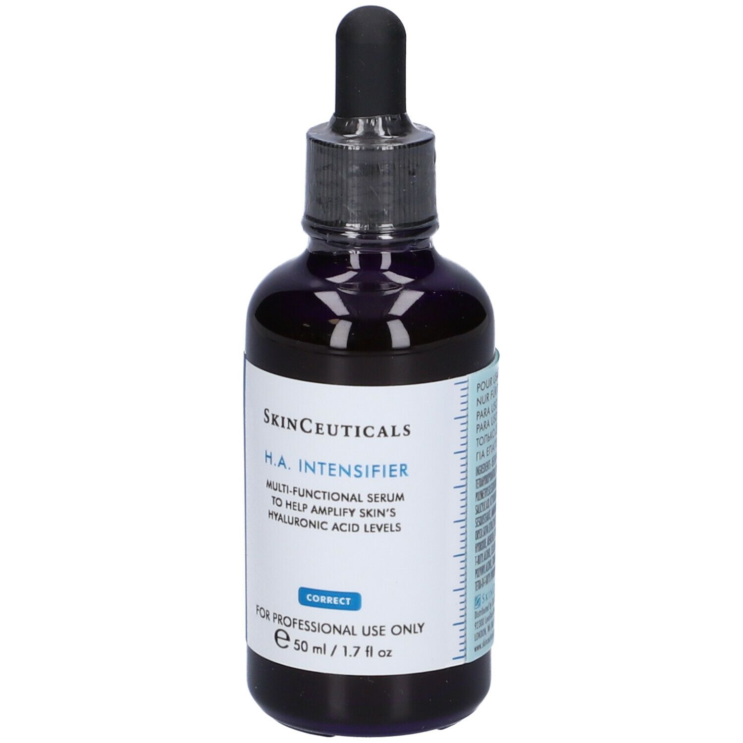 Flacone di vetro blu scuro con pipetta. Etichetta con nome e testo del prodotto. Logo SkinCeuticals. Uso professionale.
