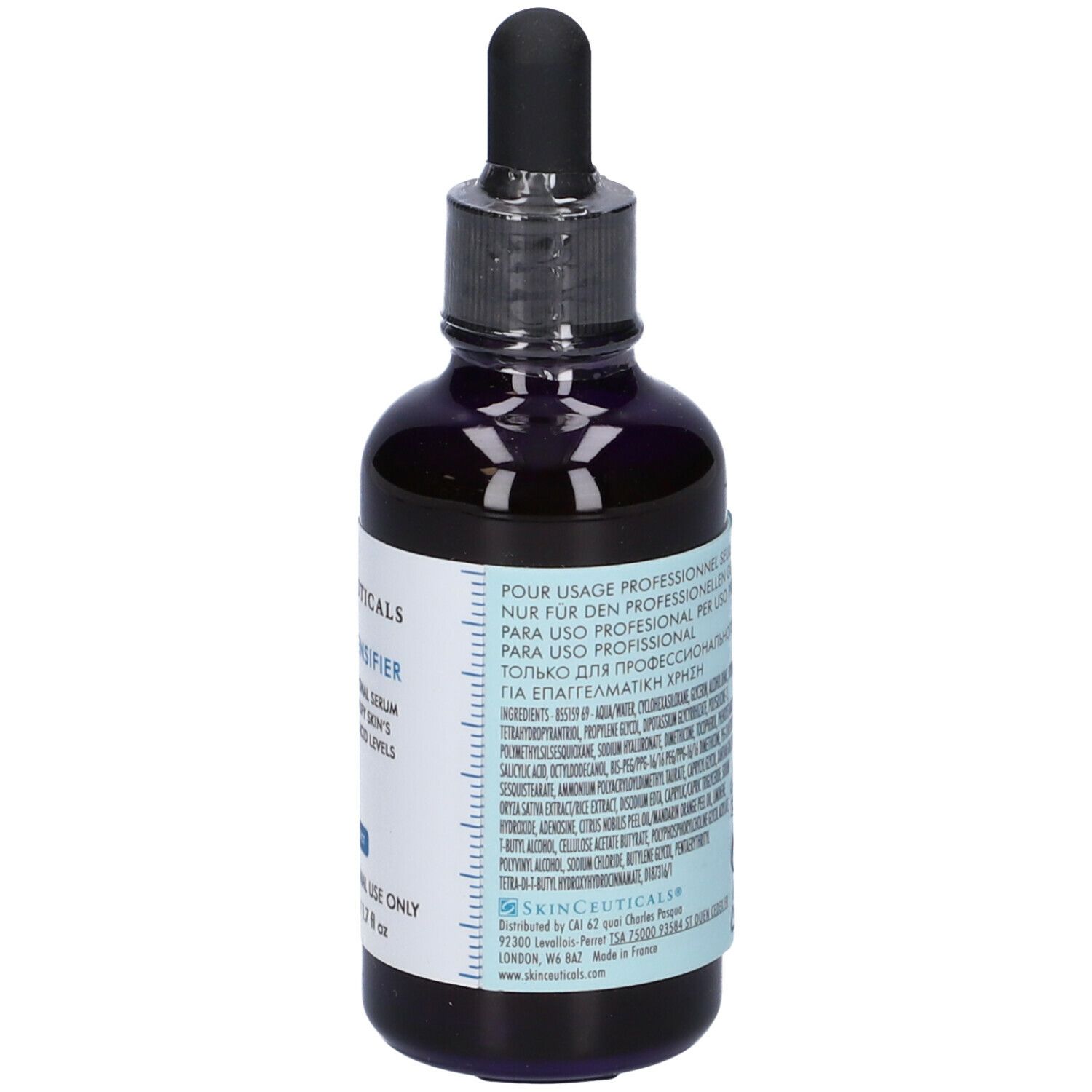 Flacone di vetro blu scuro con pipetta. Etichetta con nome e testo del prodotto. Logo SkinCeuticals. Uso professionale.