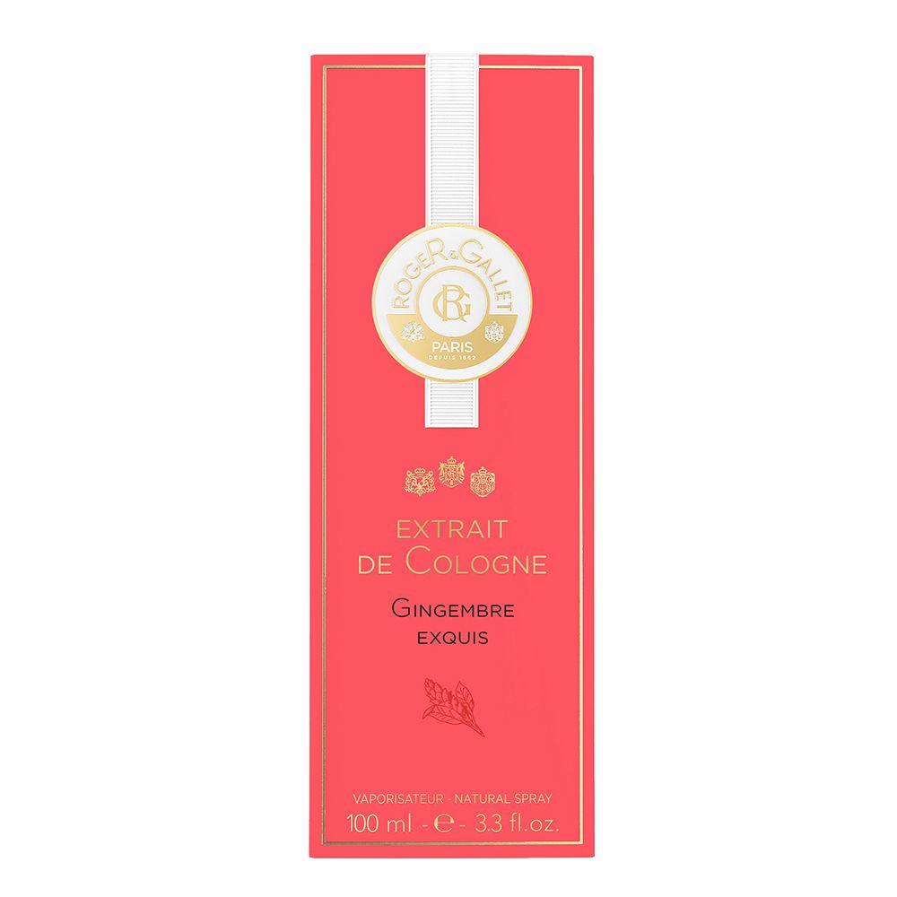 Emballage rouge avec bande blanche. Inscription: Gingembre Exquis. Logo et nom du produit.